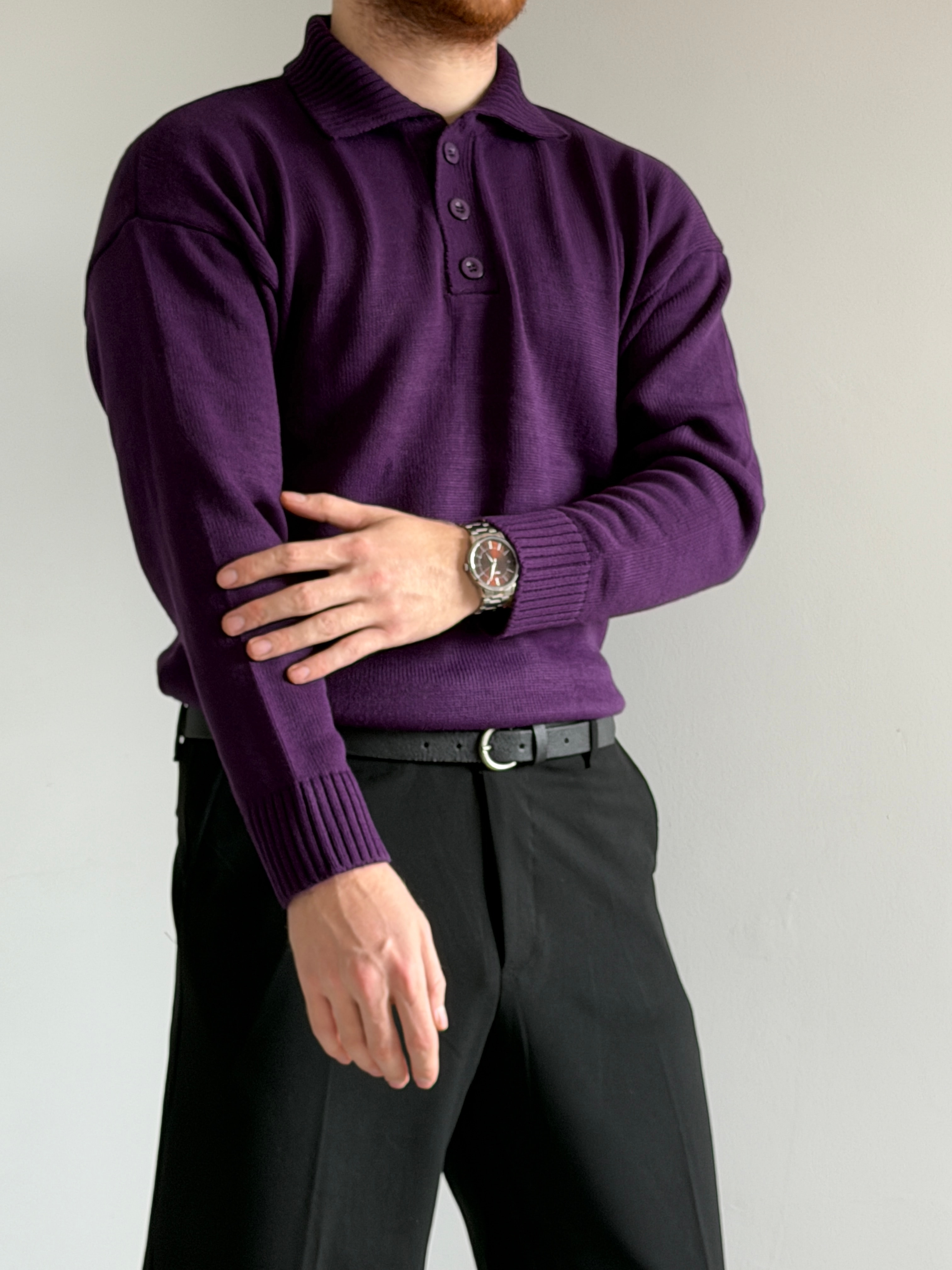 Prime Old Money Exclusive Polo Yaka Basic Triko Kazak - P157 - Mor