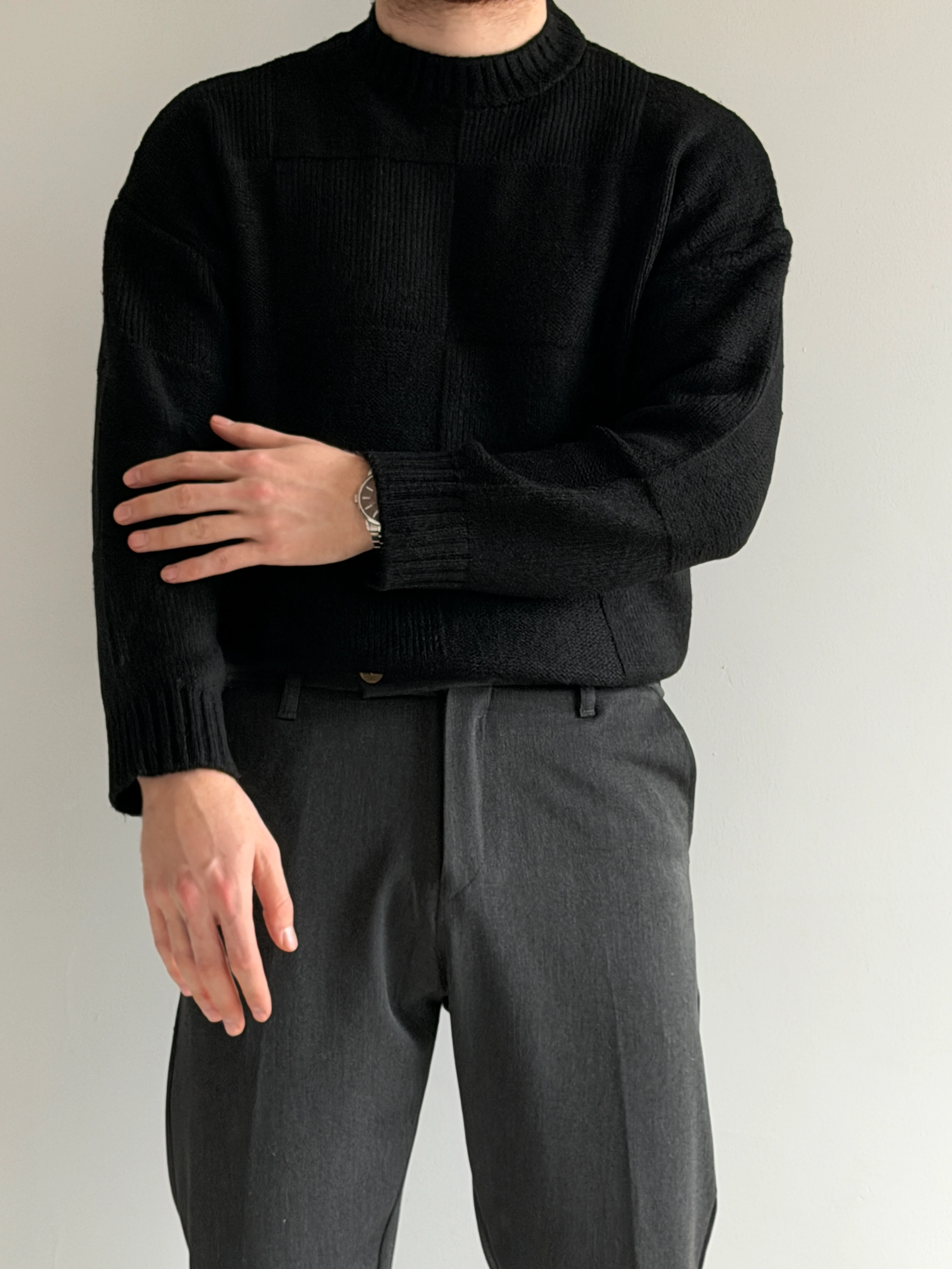 Prime Old Money Exclusive Oversize Kalıp Kare Desenli Yumuşak Dokulu Triko Kazak - P196