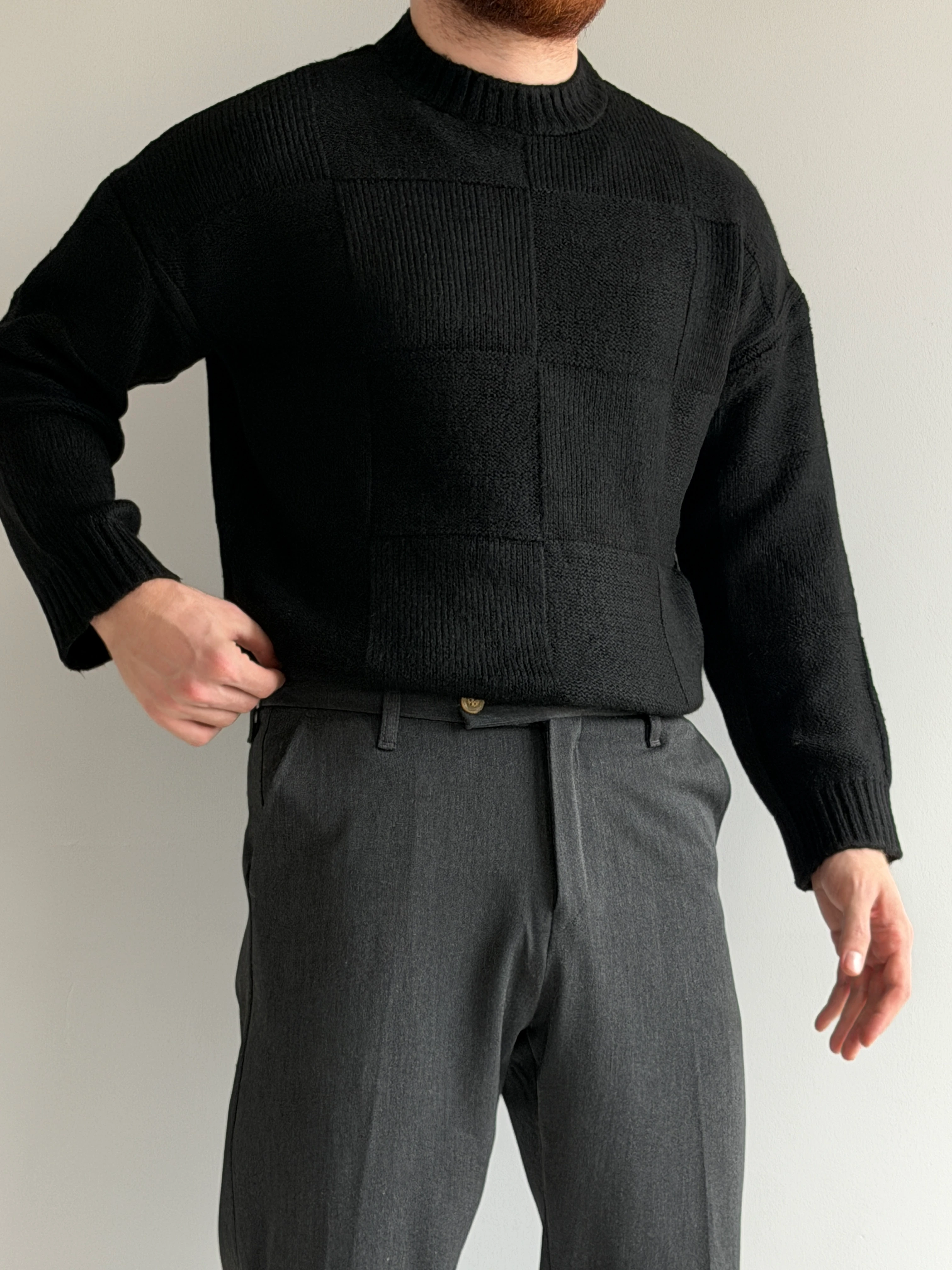 Prime Old Money Exclusive Oversize Kalıp Kare Desenli Yumuşak Dokulu Triko Kazak - P196