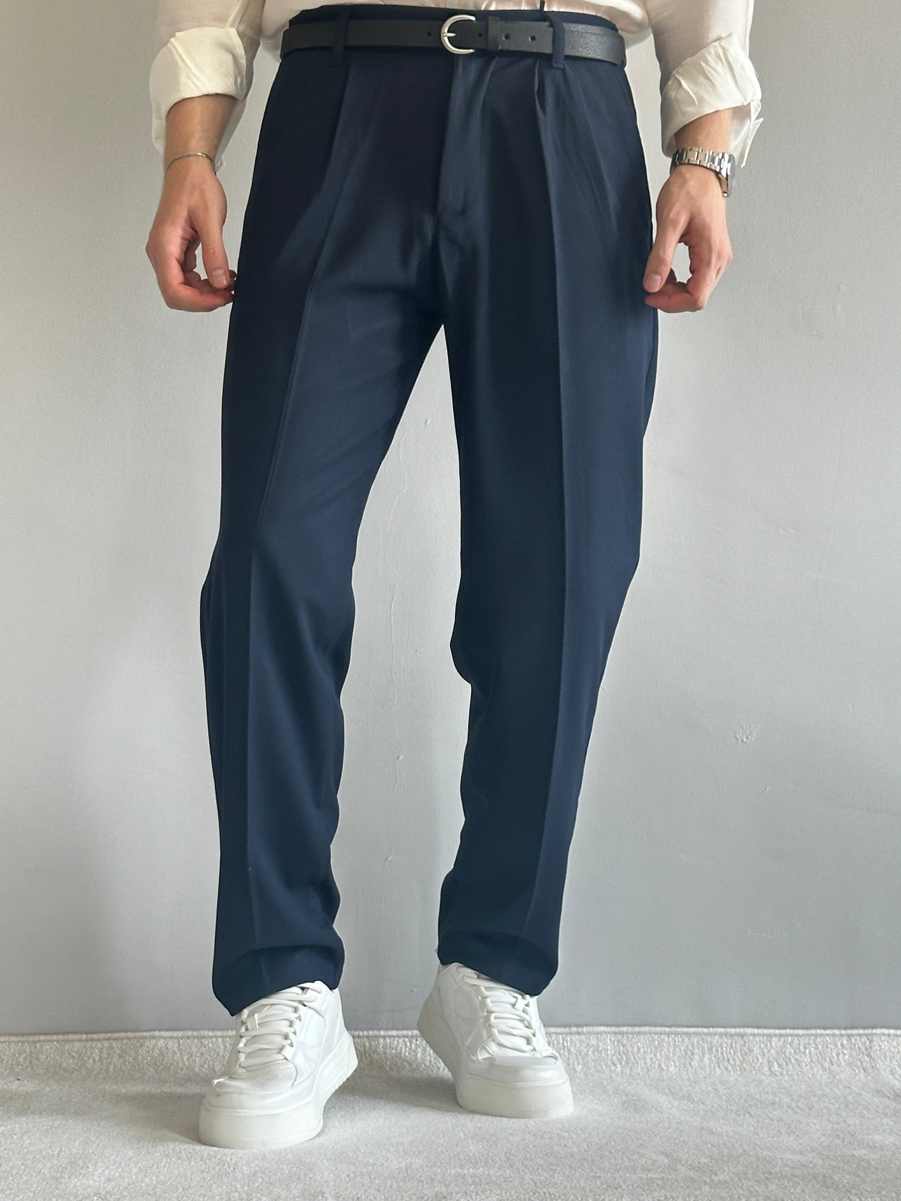 Erkek Prime Baggy Kalıp Beli Lastikli Pileli Kumaş Pantolon - İndigo Mavi