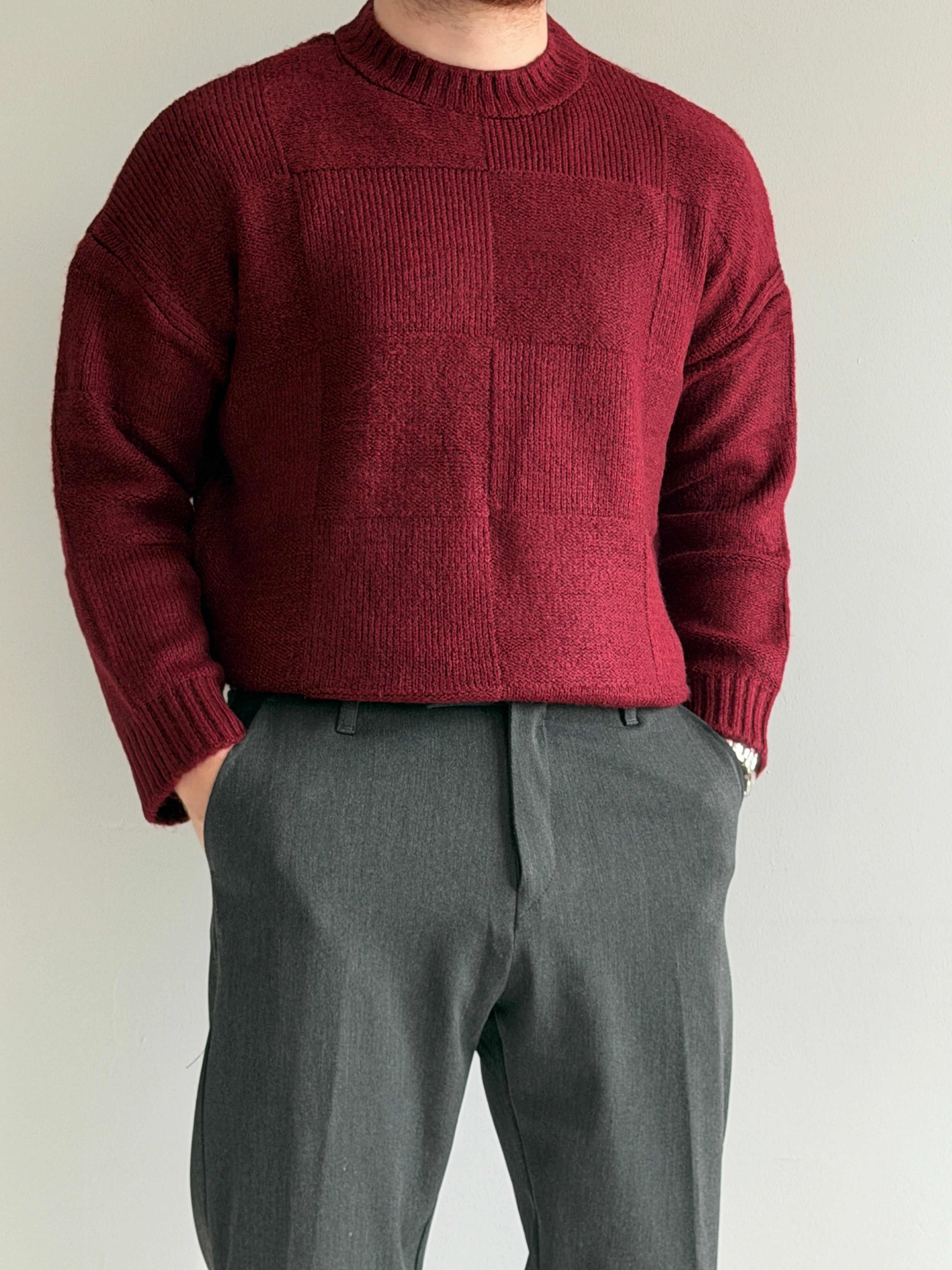 Prime Old Money Exclusive Oversize Kalıp Kare Desenli Yumuşak Dokulu Triko Kazak - P196 - Bordo