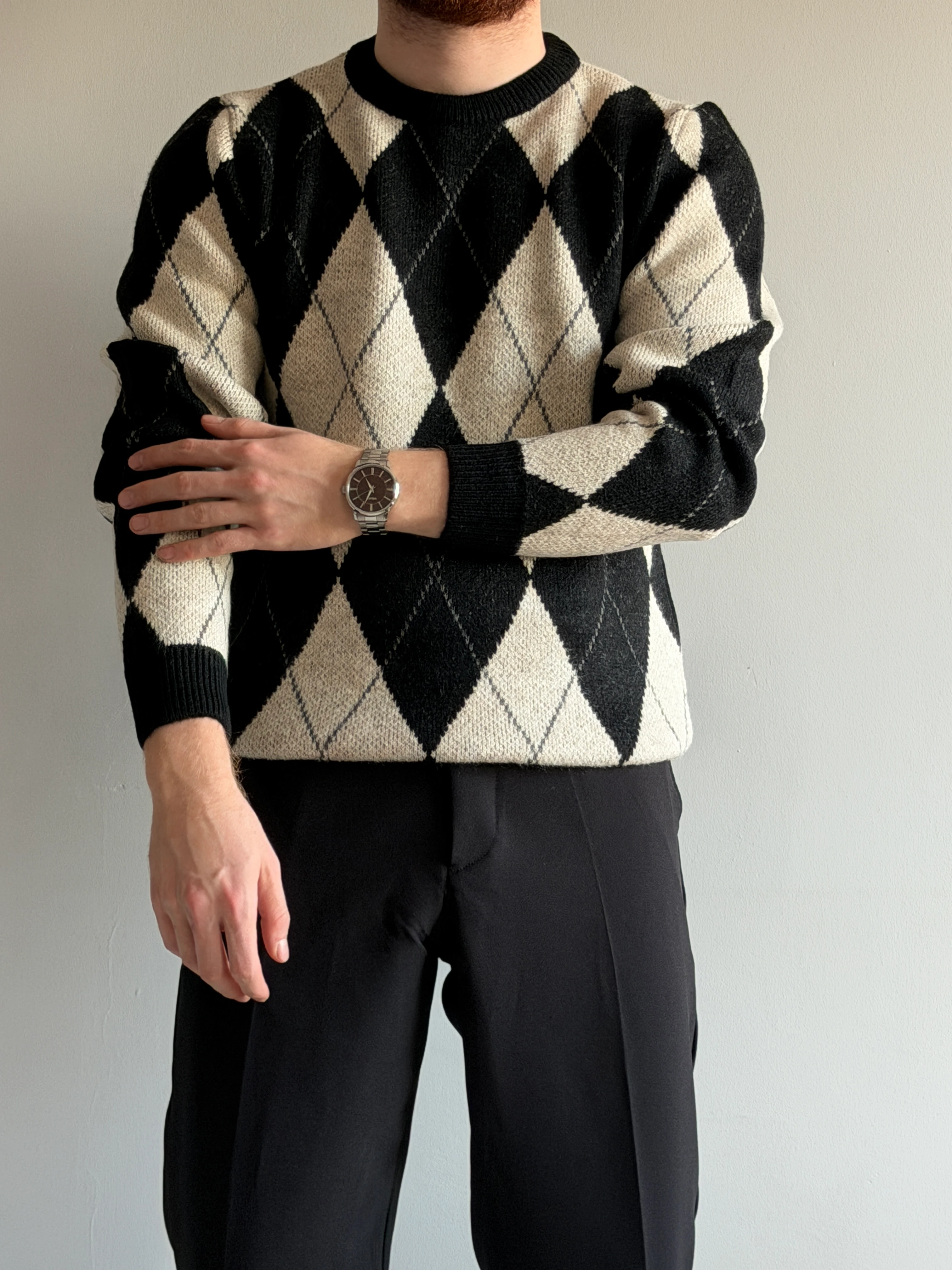 Prime Old Money Exclusive Yumuşak Dokulu Şardonlu Jakarlı Baklava Desenli Triko Kazak - P197