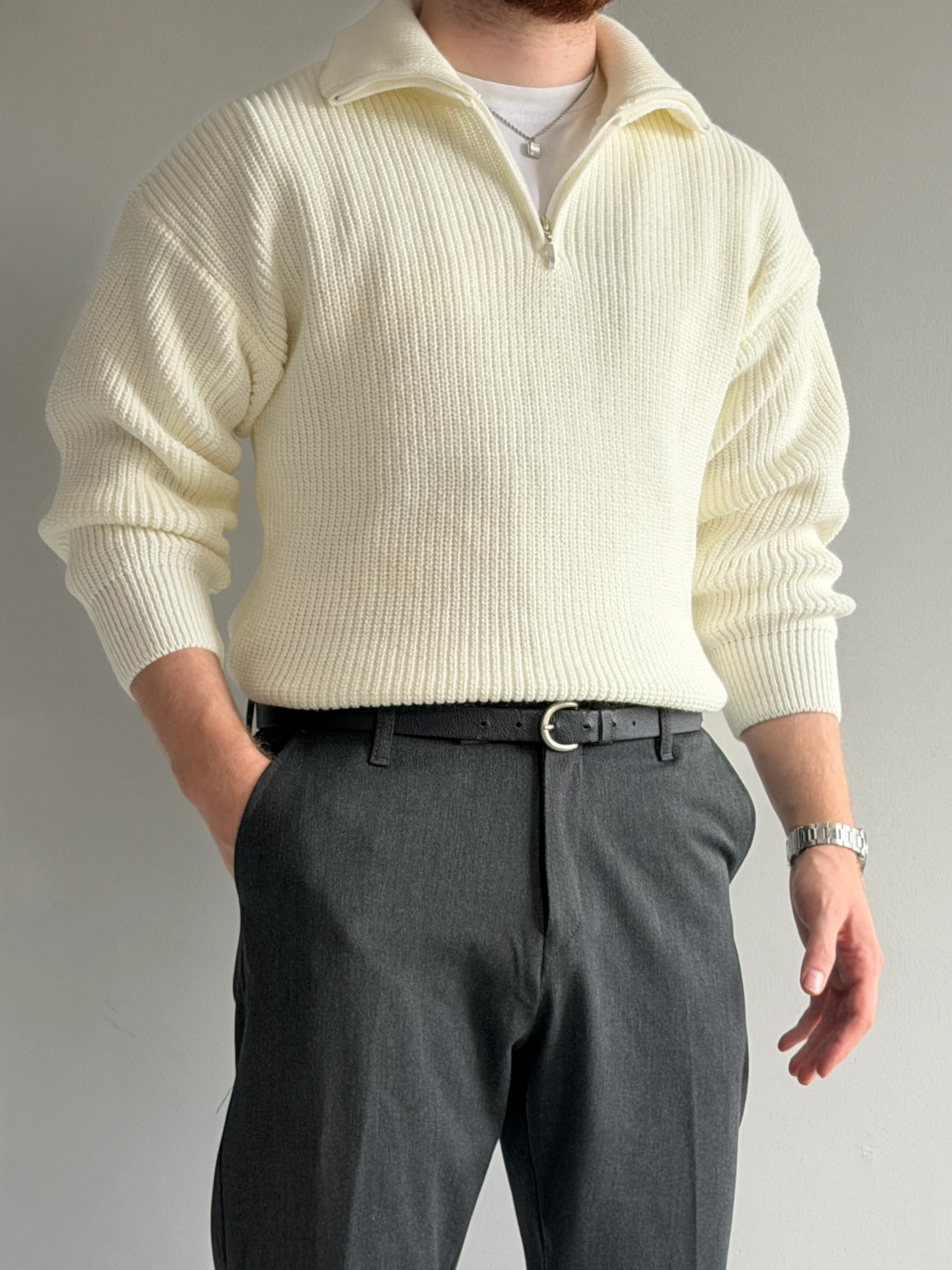 Prime Old Money Exclusive ZIP Yaka Selanik Örgü Triko Kazak - P192 - Ekru