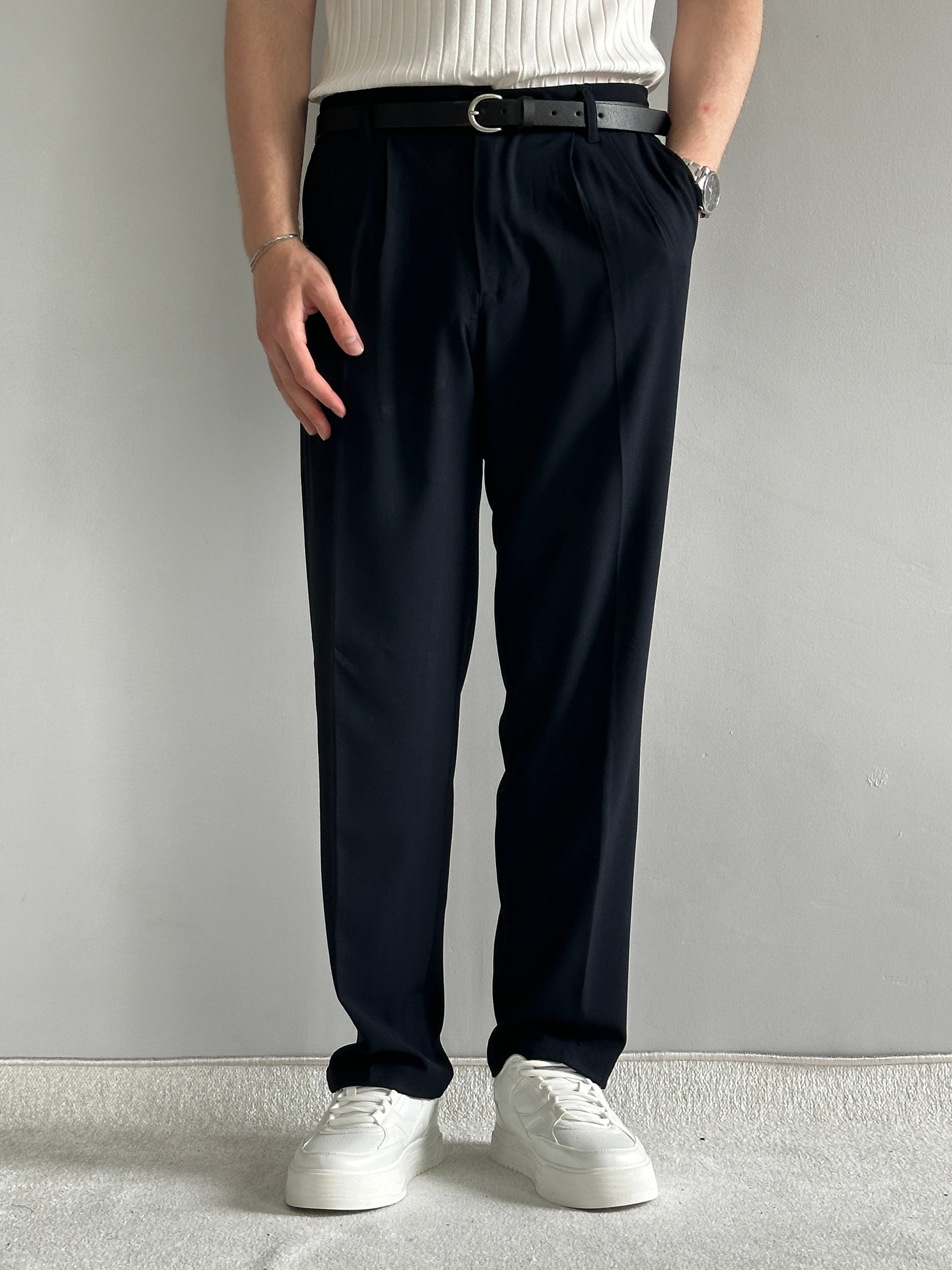 Erkek Prime Baggy Kalıp Beli Lastikli Pileli Kumaş Pantolon - Koyu Lacivert