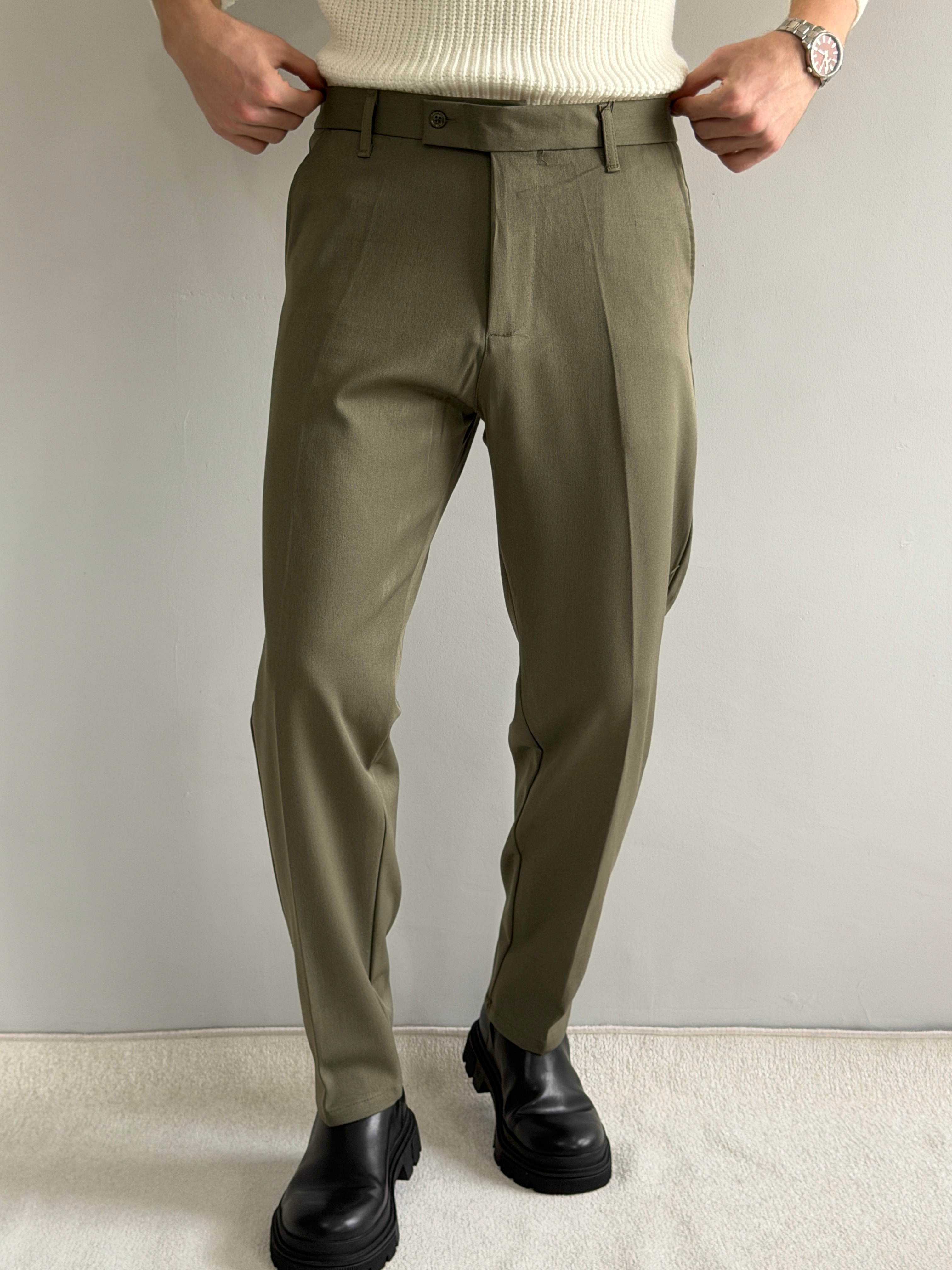 Prime Old Money Kalın Gabardin Kumaş Regular Kalıp Pantolon - P162 - Çağla Yeşili