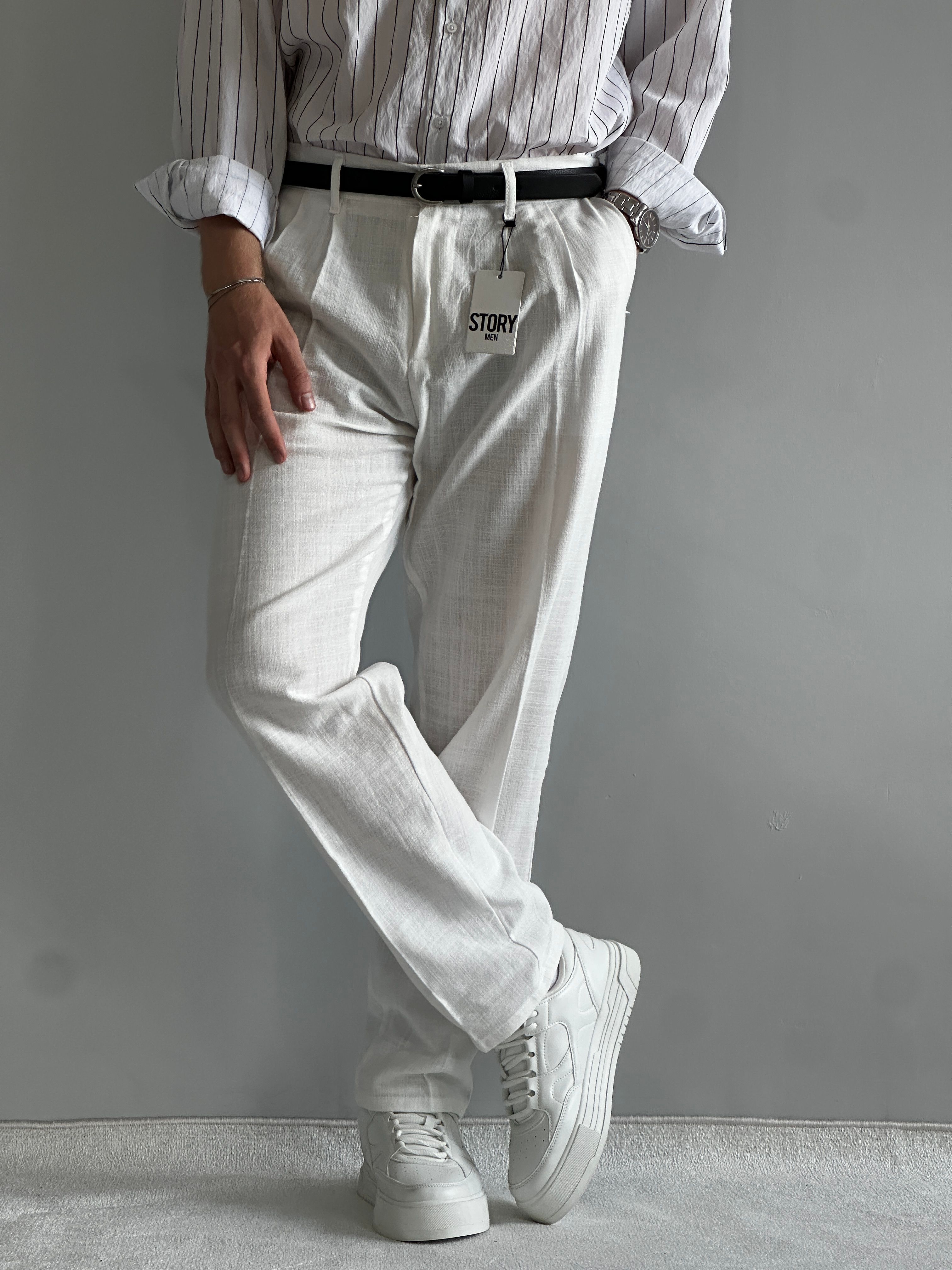 Prime Old Money Ham Keten Premium Baggy Kalıp Pantolon - Beyaz