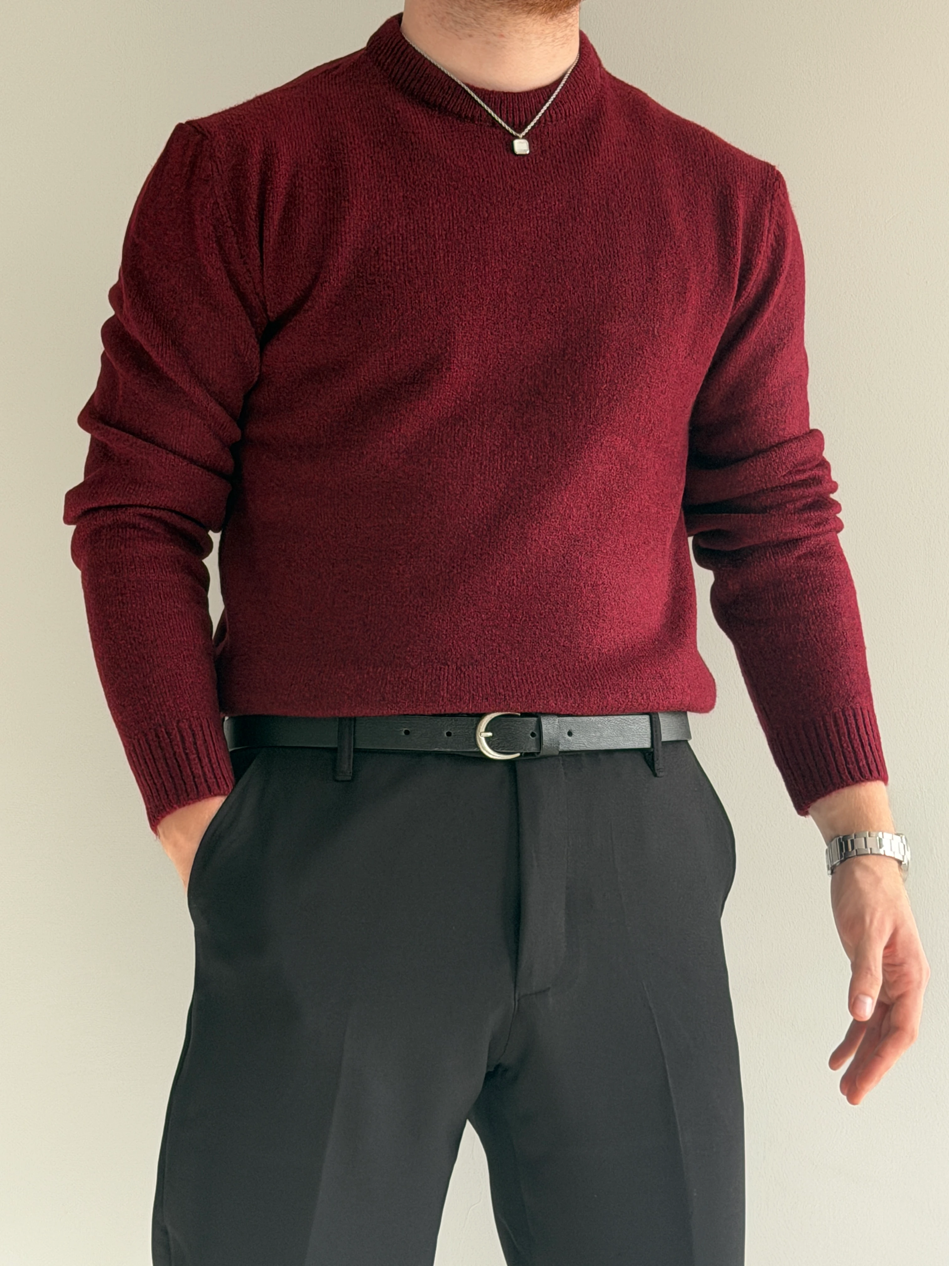 Prime Old Money Exclusive Yumuşak Dokulu Basic Triko Kazak - P175 - Bordo