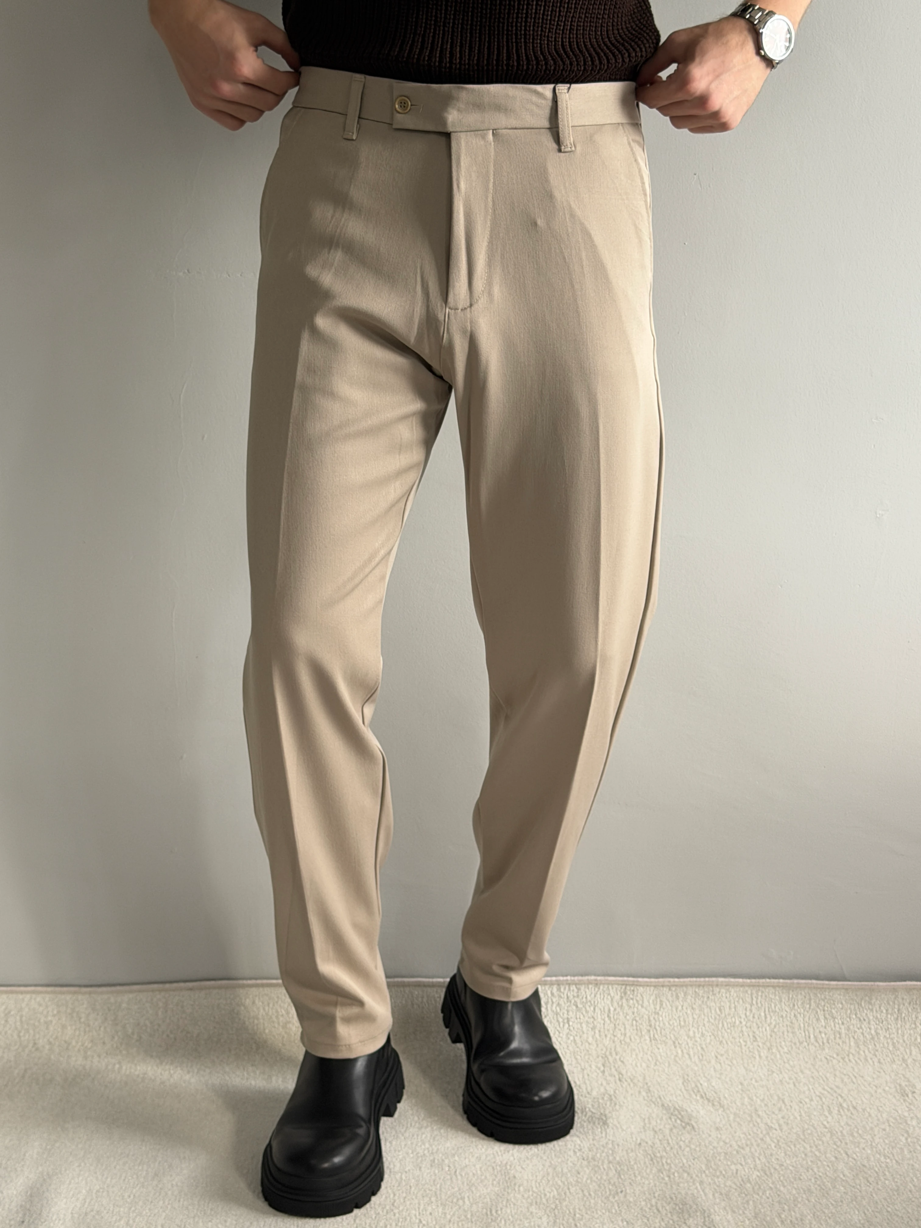 Prime Old Money Kalın Gabardin Kumaş Regular Kalıp Pantolon - P162 - Krem