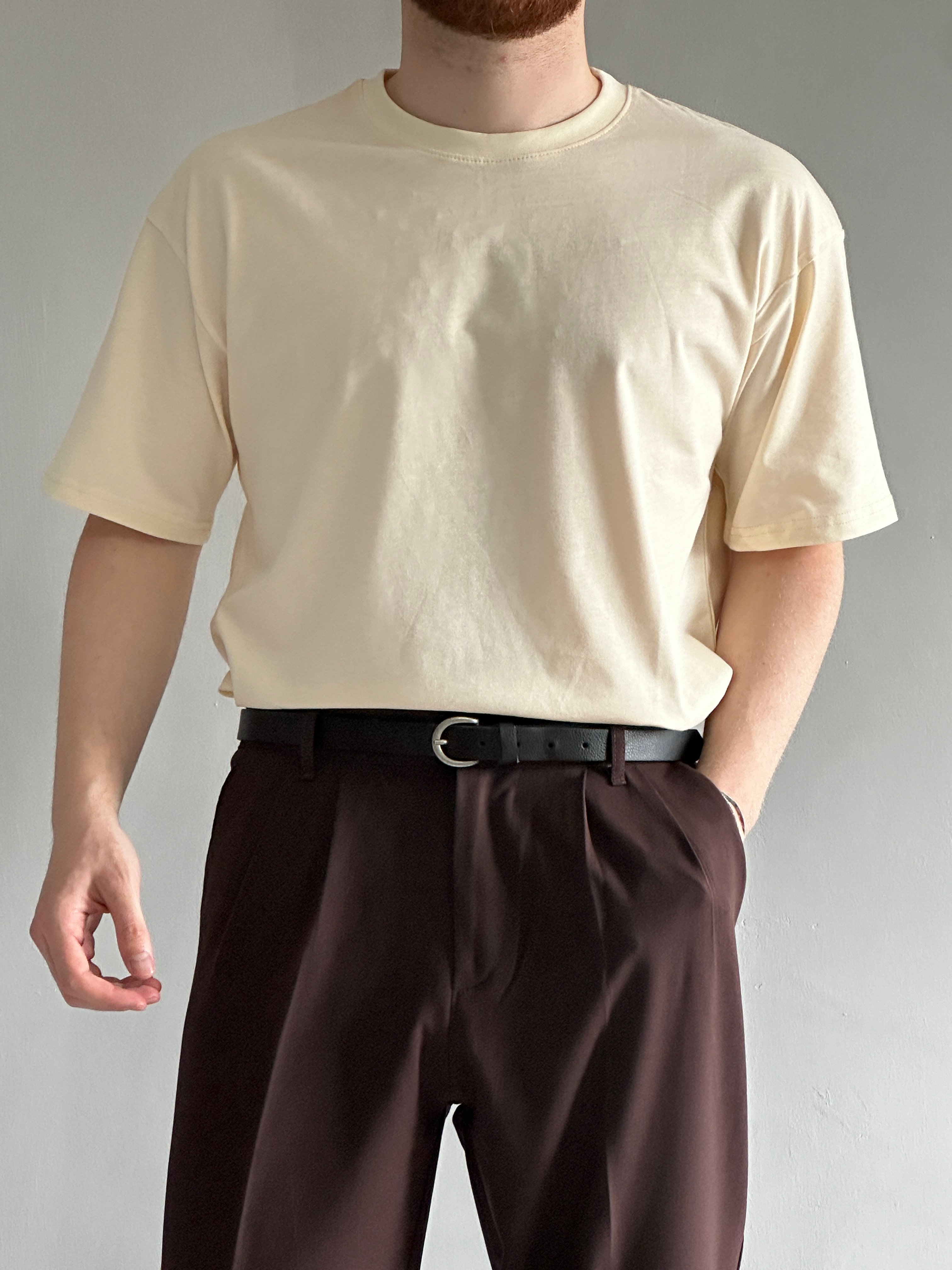Erkek Prime Kaliteli Kumaş Oversize %100 Pamuk T-Shirt - Antik Beyaz