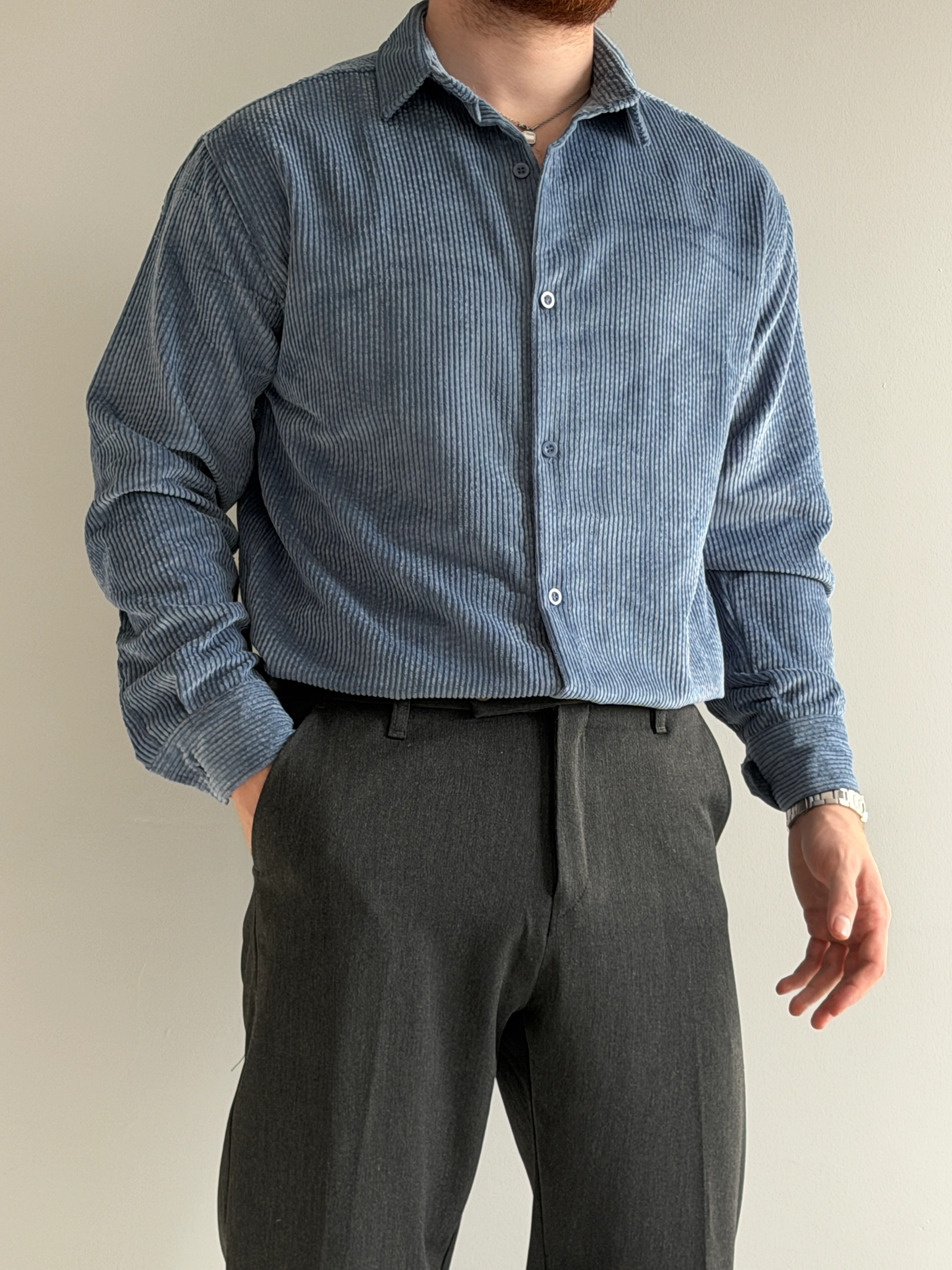 Prime Old Money Exclusive Kalın Fitilli Gömlek - P195 - Mavi