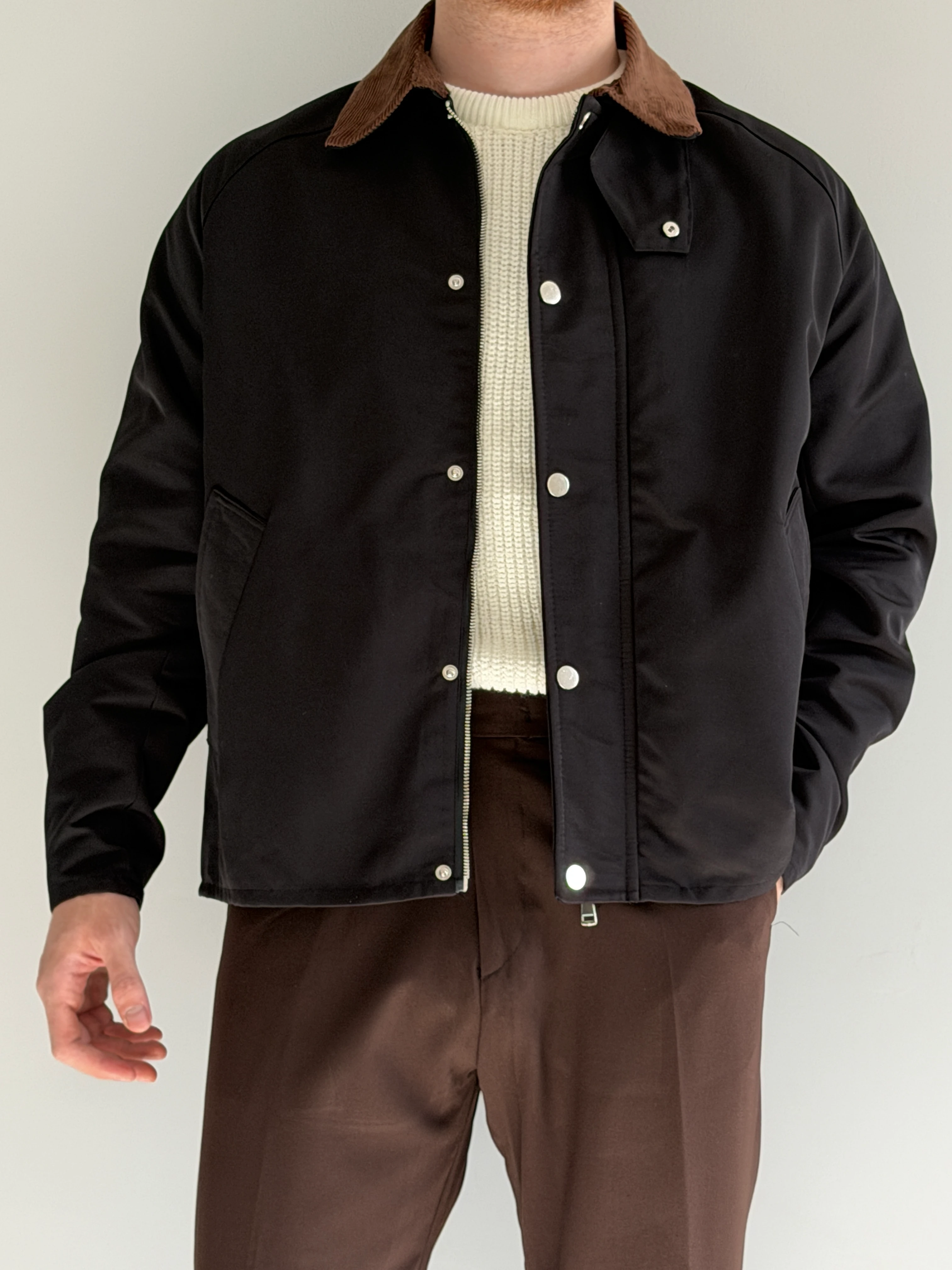 Prime Old Money Su Geçirmez Mebran Kumaş Yaka Detaylı Oversize Mont - P177 - Siyah