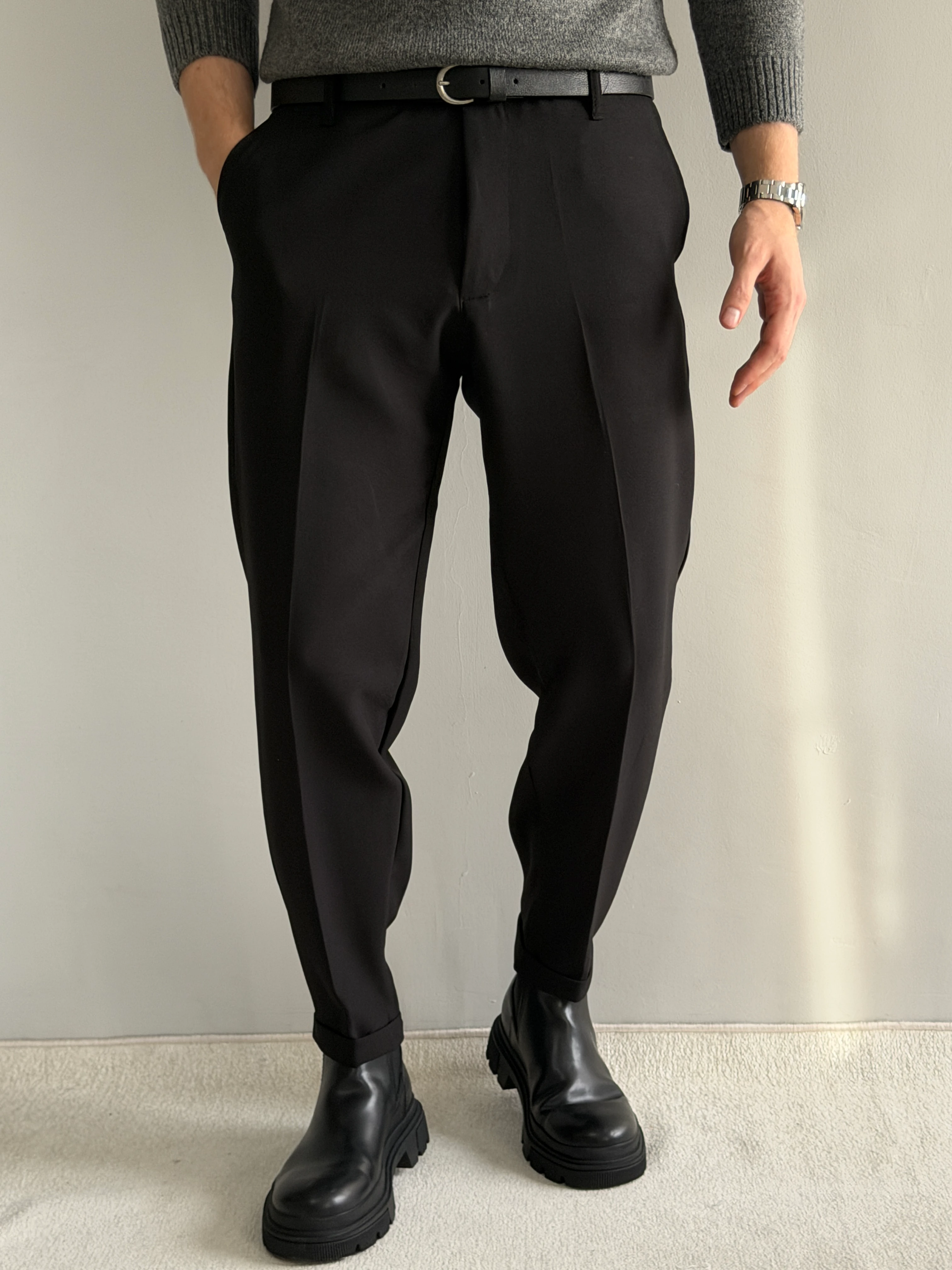 Prime Old Money Kalın Kumaş Duble Paça Rahat Kalıp Kumaş Pantolon - P174 - Siyah