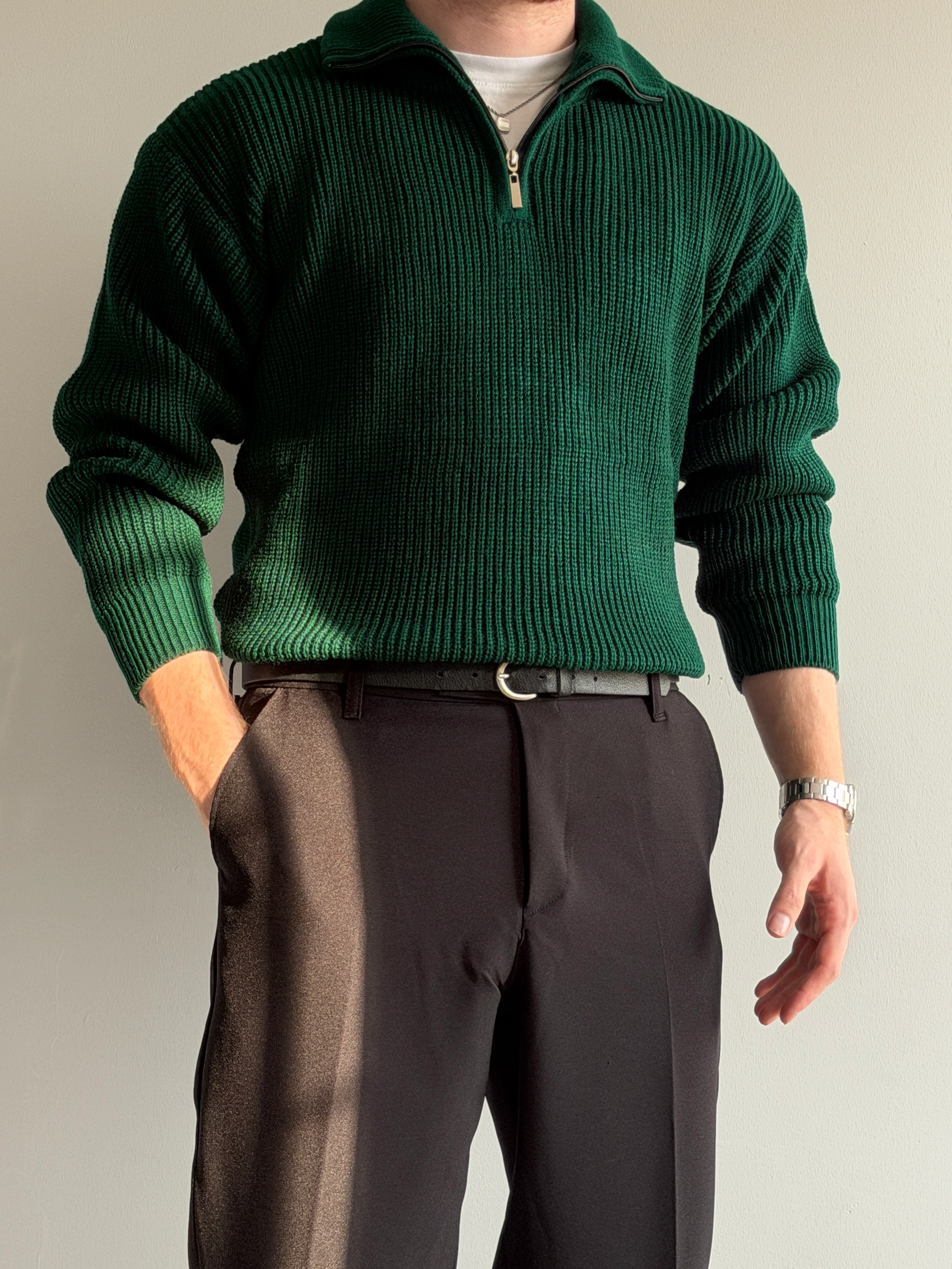 Prime Old Money Exclusive ZIP Yaka Selanik Örgü Triko Kazak - P192 - Zümrüt Yeşili
