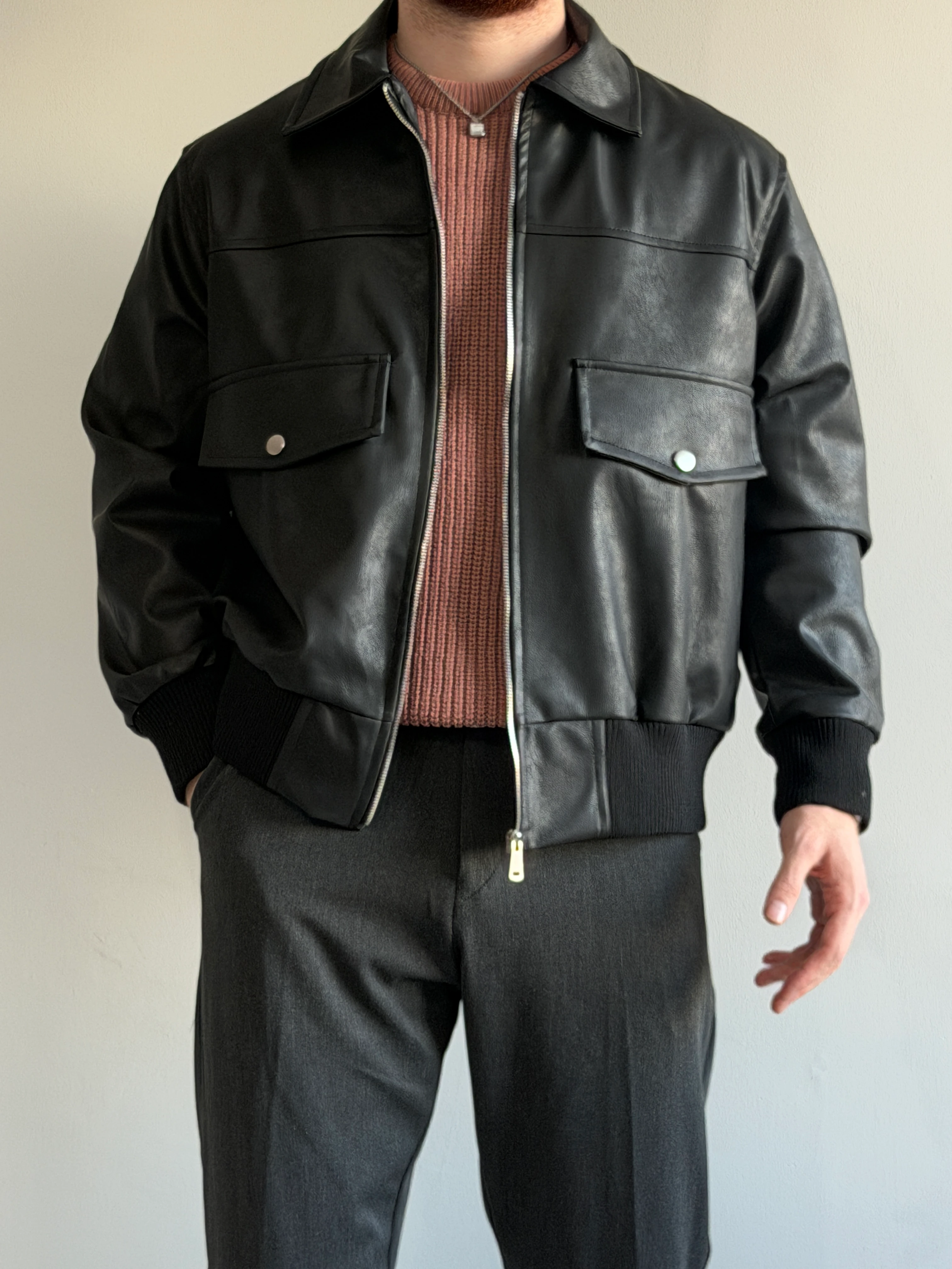 Prime Old Money Exclusive Vintage Cep Detaylı Deri Ceket - P193 - Siyah