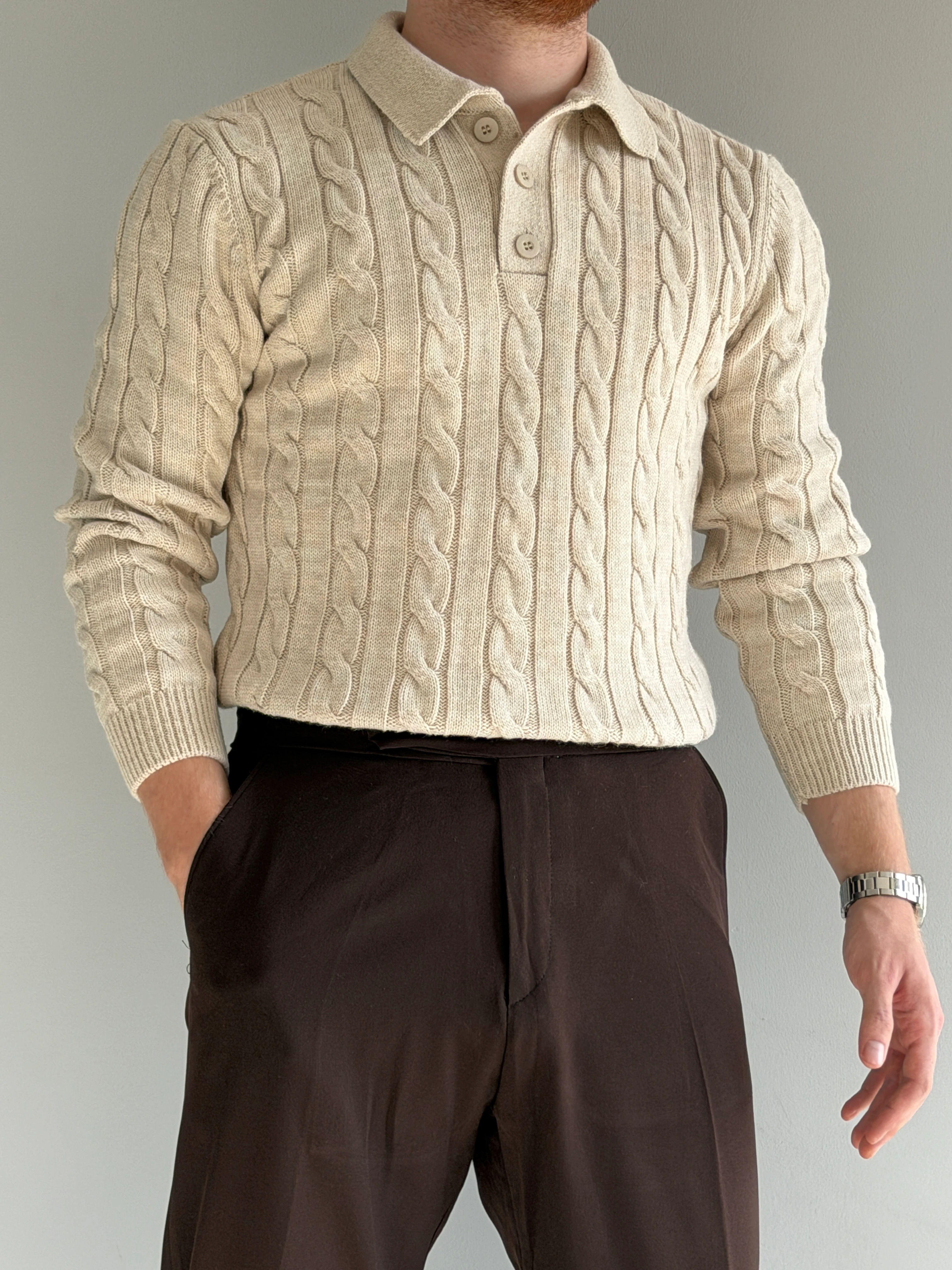 Prime Old Money Exlusive Saç Örgü Detaylı Triko Kazak - P172 - Taş