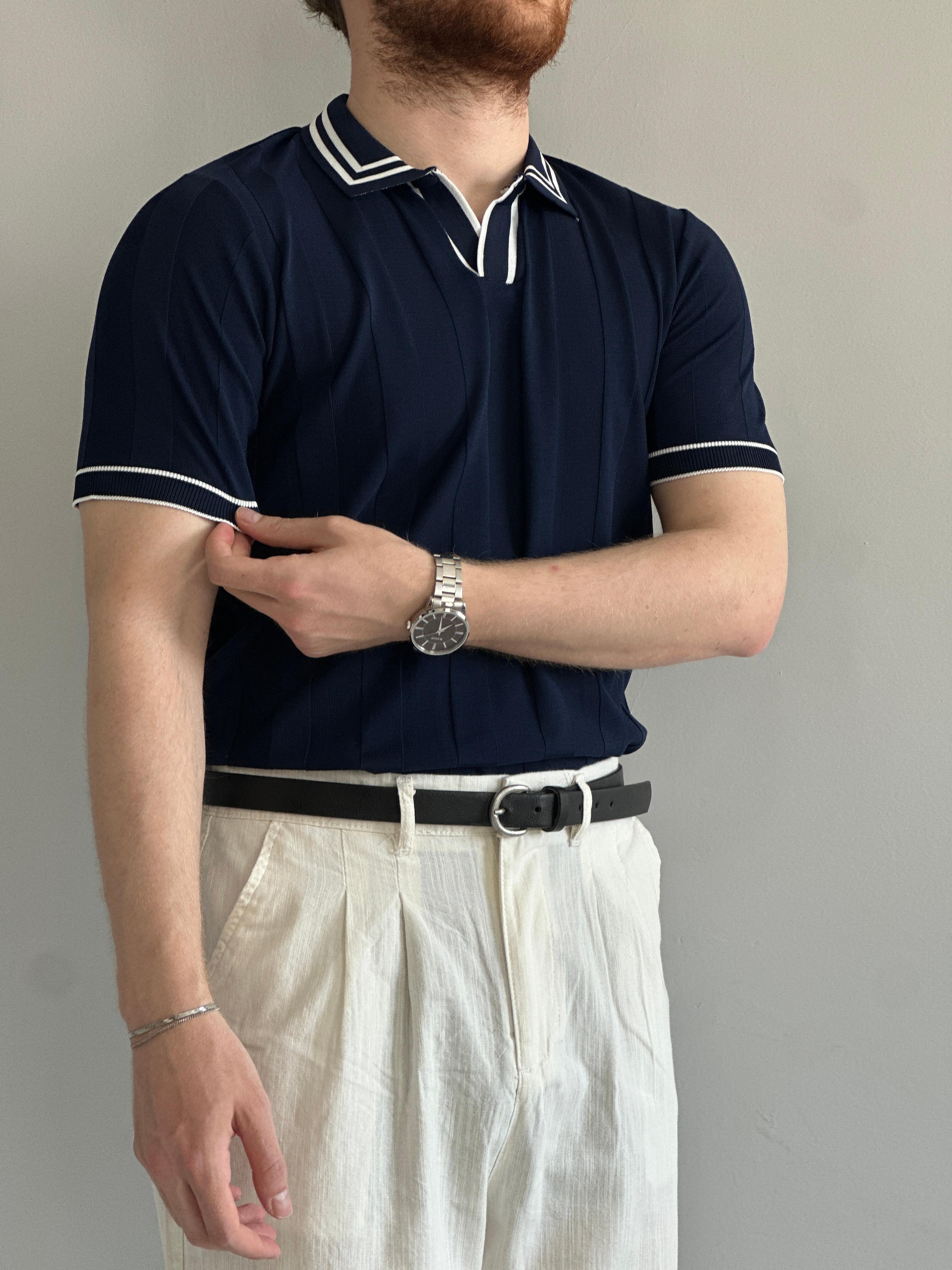 Prime Old Money Çift Çizgili Premium Triko T-Shirt - İndigo Mavi