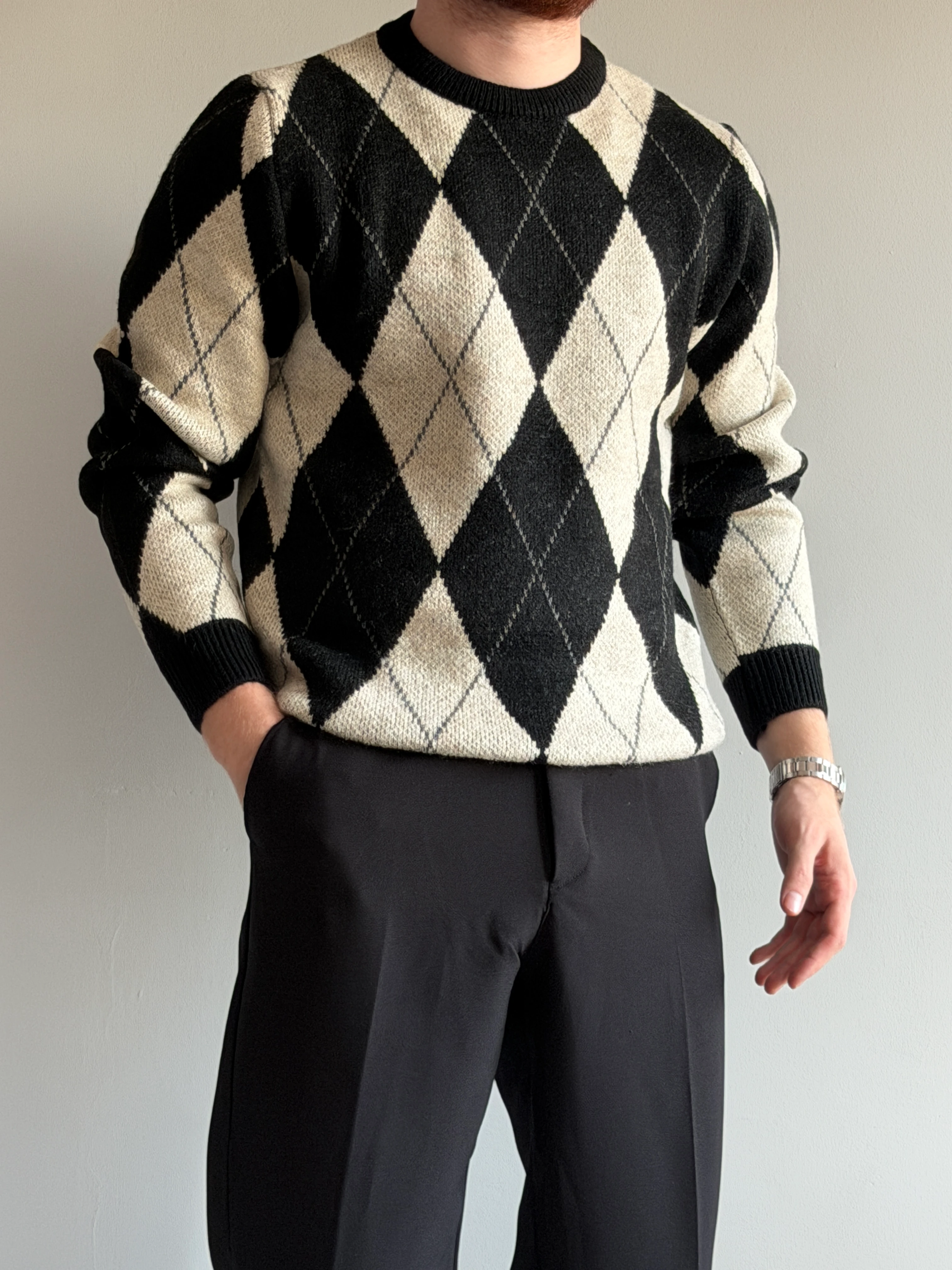 Prime Old Money Exclusive Yumuşak Dokulu Şardonlu Jakarlı Baklava Desenli Triko Kazak - P197