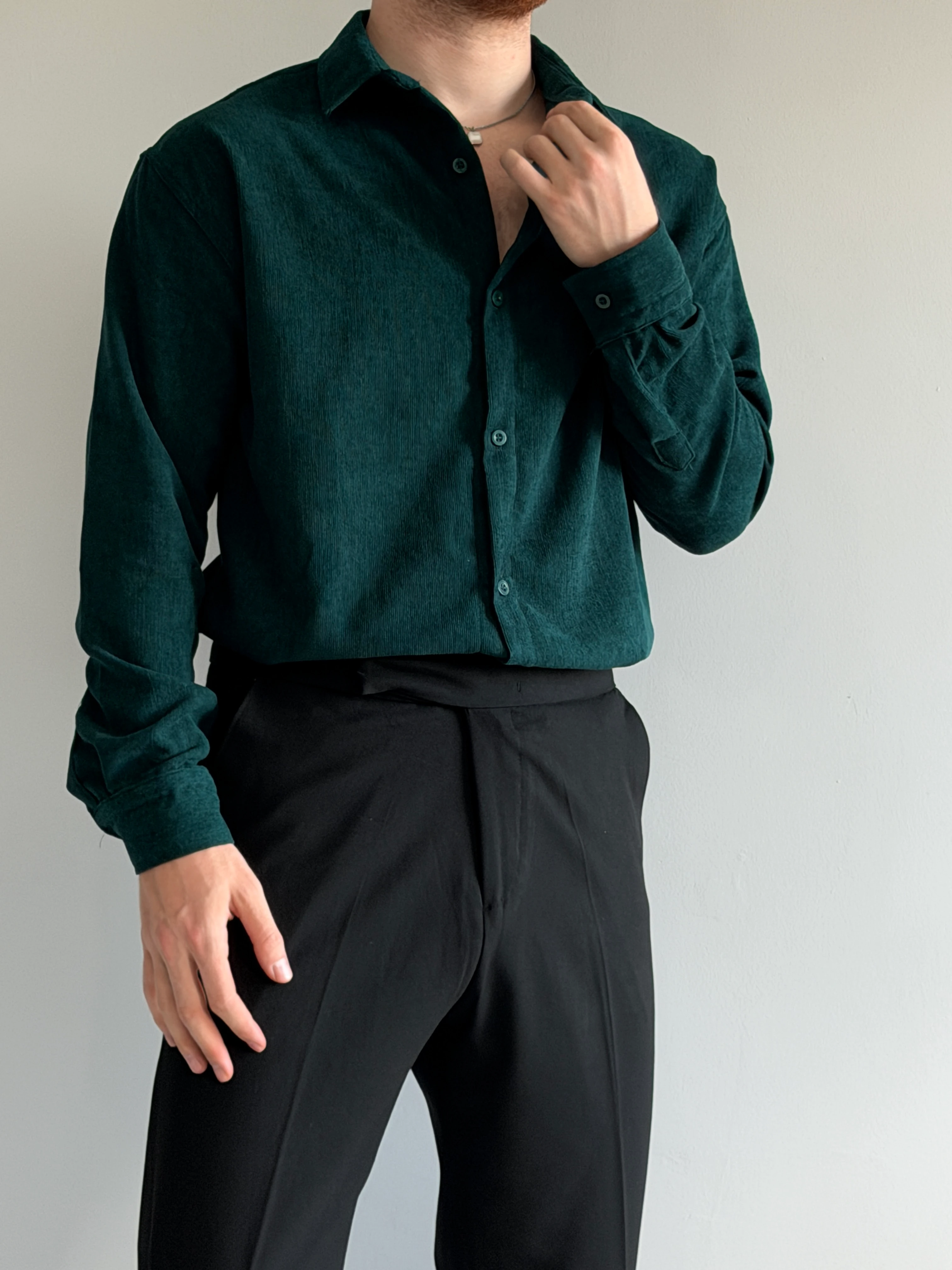 Prime Old Money Exclusive İnce Fitilli Gömlek - P145 - Zümrüt Yeşili