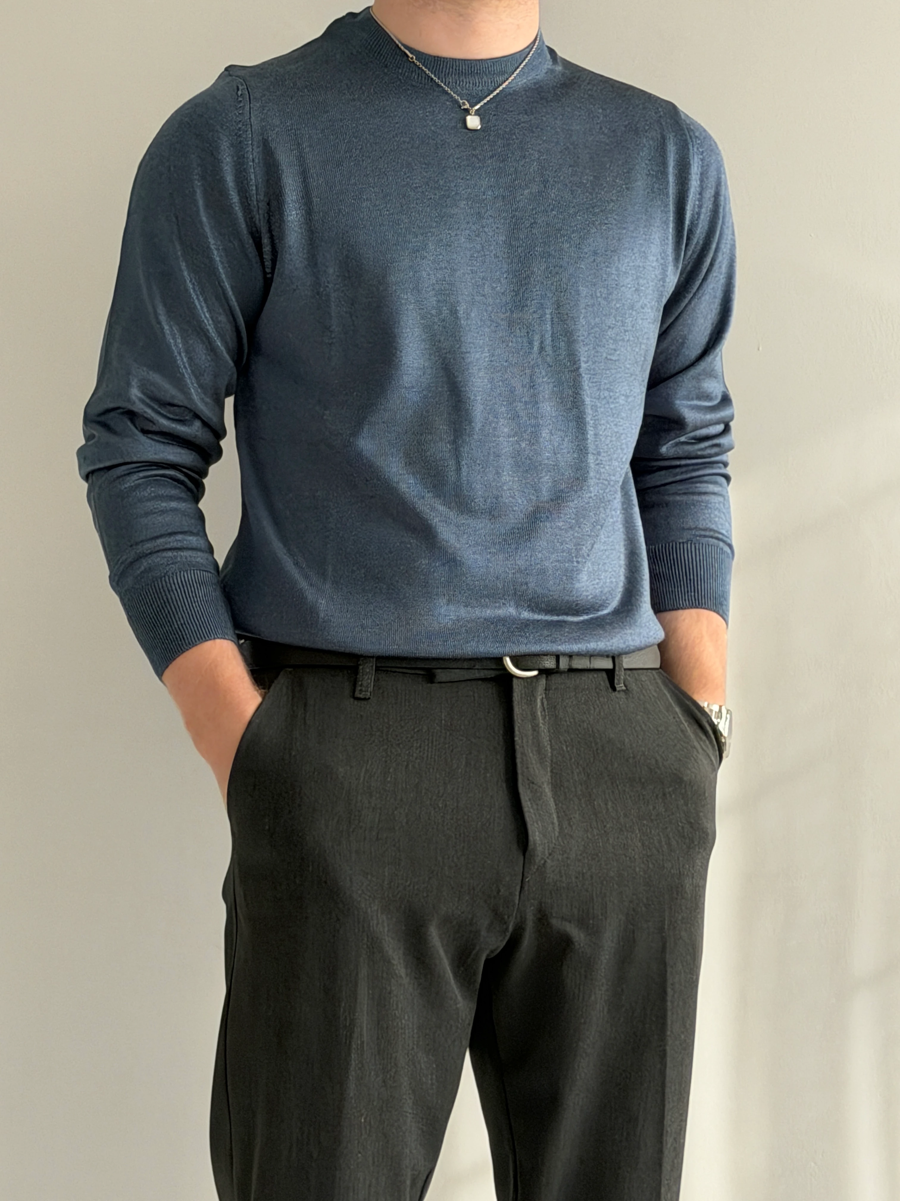 Prime Old Money Luxury Standart Kalıp İnce Bisiklet Yaka Kazak - P198 - İndigo Mavi