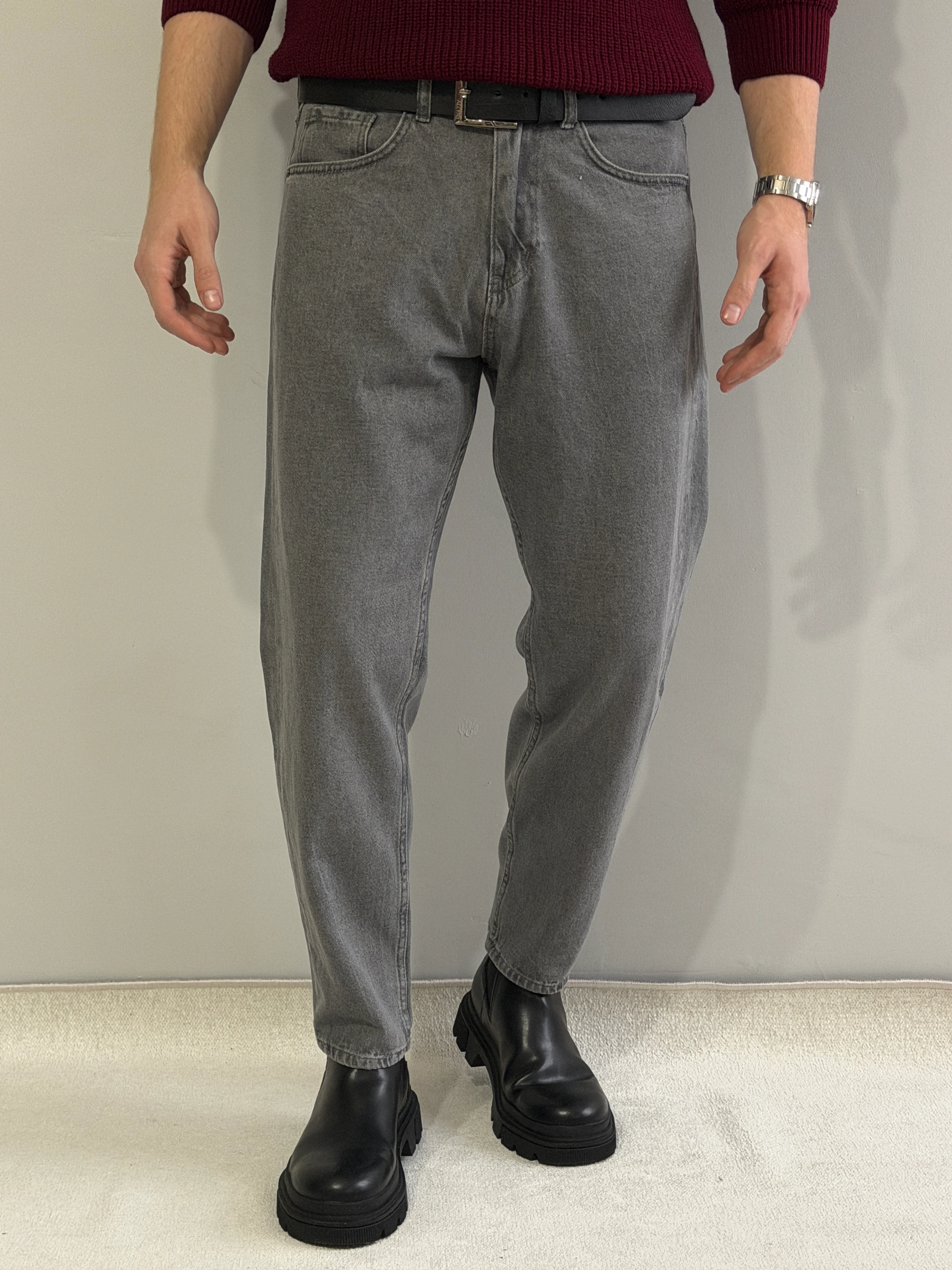 Kemer Hediyeli Exclusive Boyfriend Kalıp Kot Pantolon - P194 - Gri