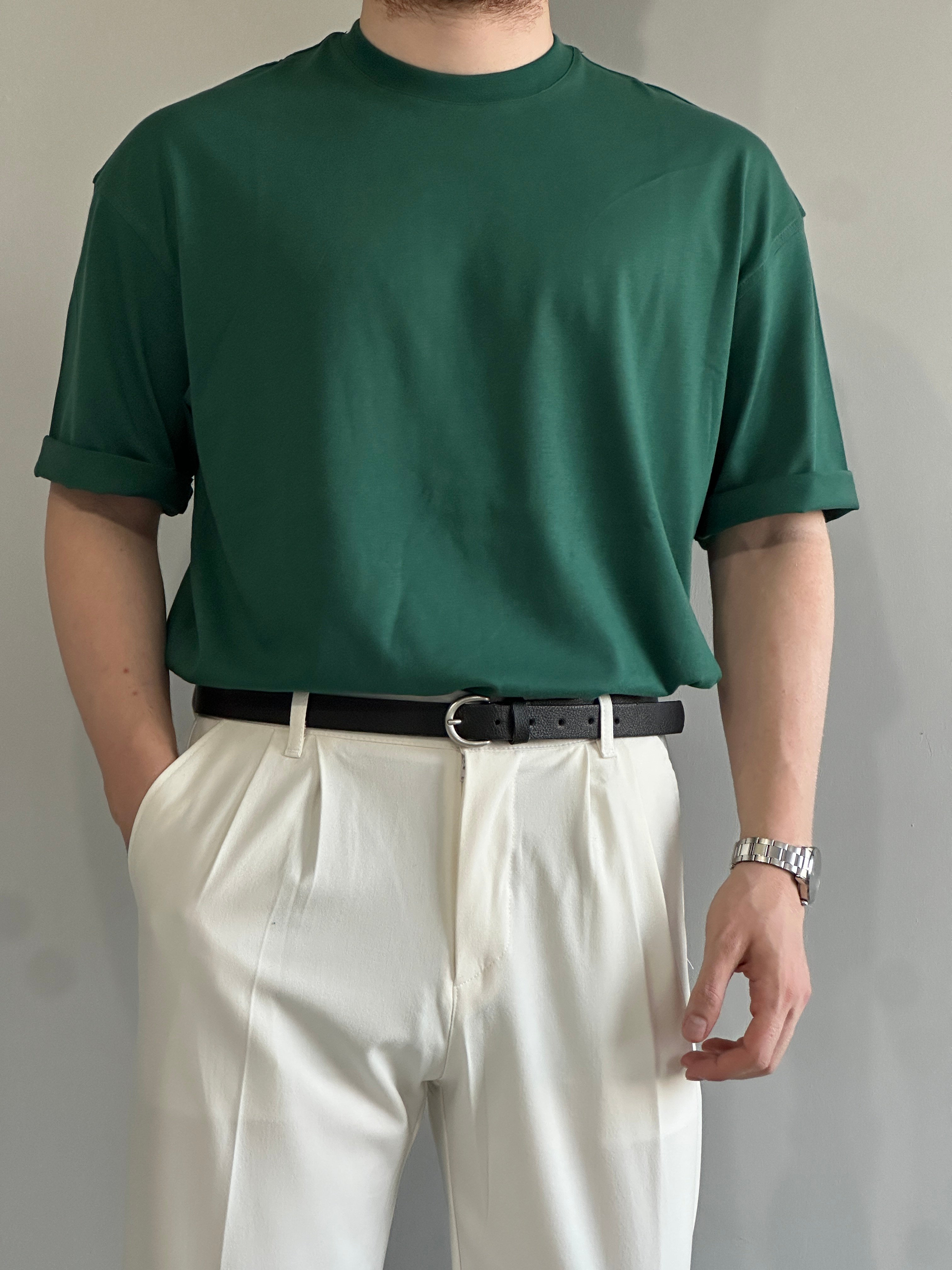 Erkek Prime Kaliteli Kumaş Oversize %100 Pamuk T-Shirt - Yeşil