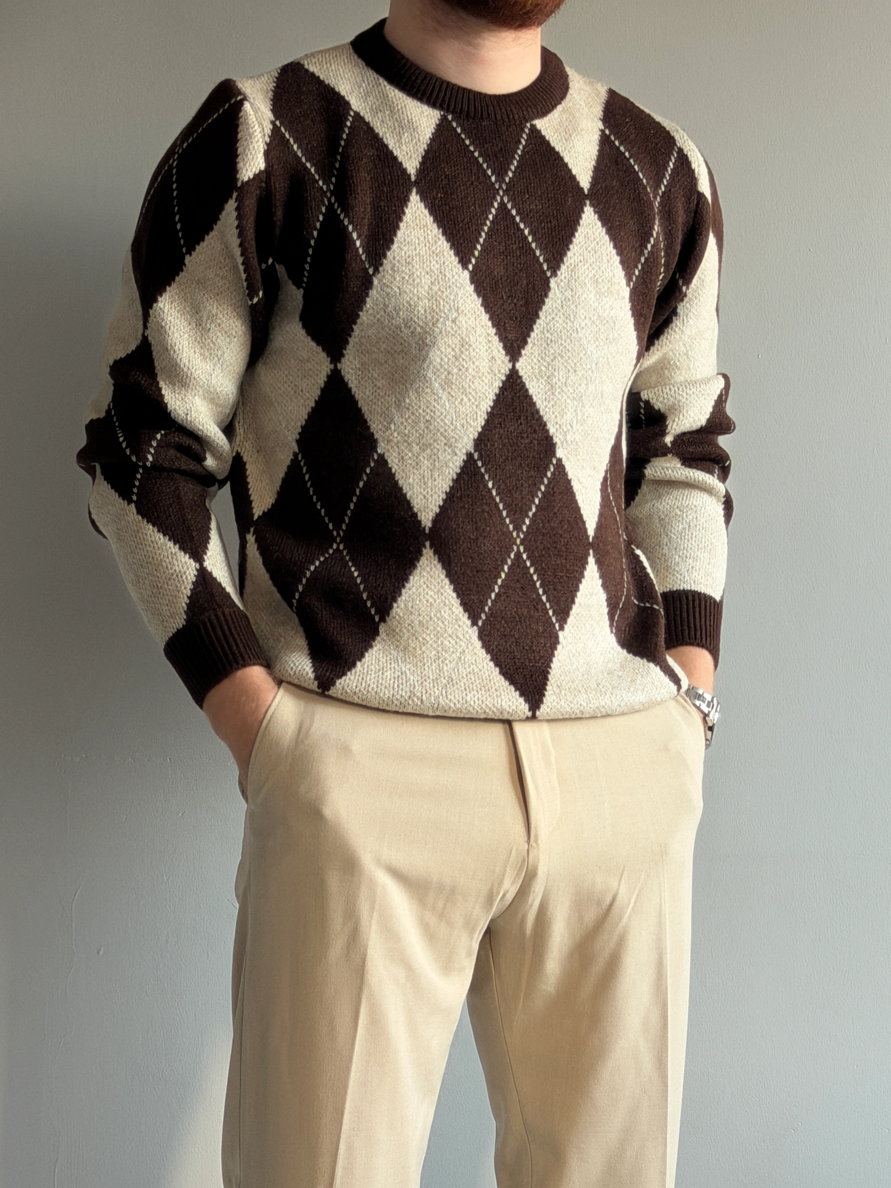 Prime Old Money Exclusive Yumuşak Dokulu Şardonlu Jakarlı Baklava Desenli Triko Kazak - P197 - Kahverengi