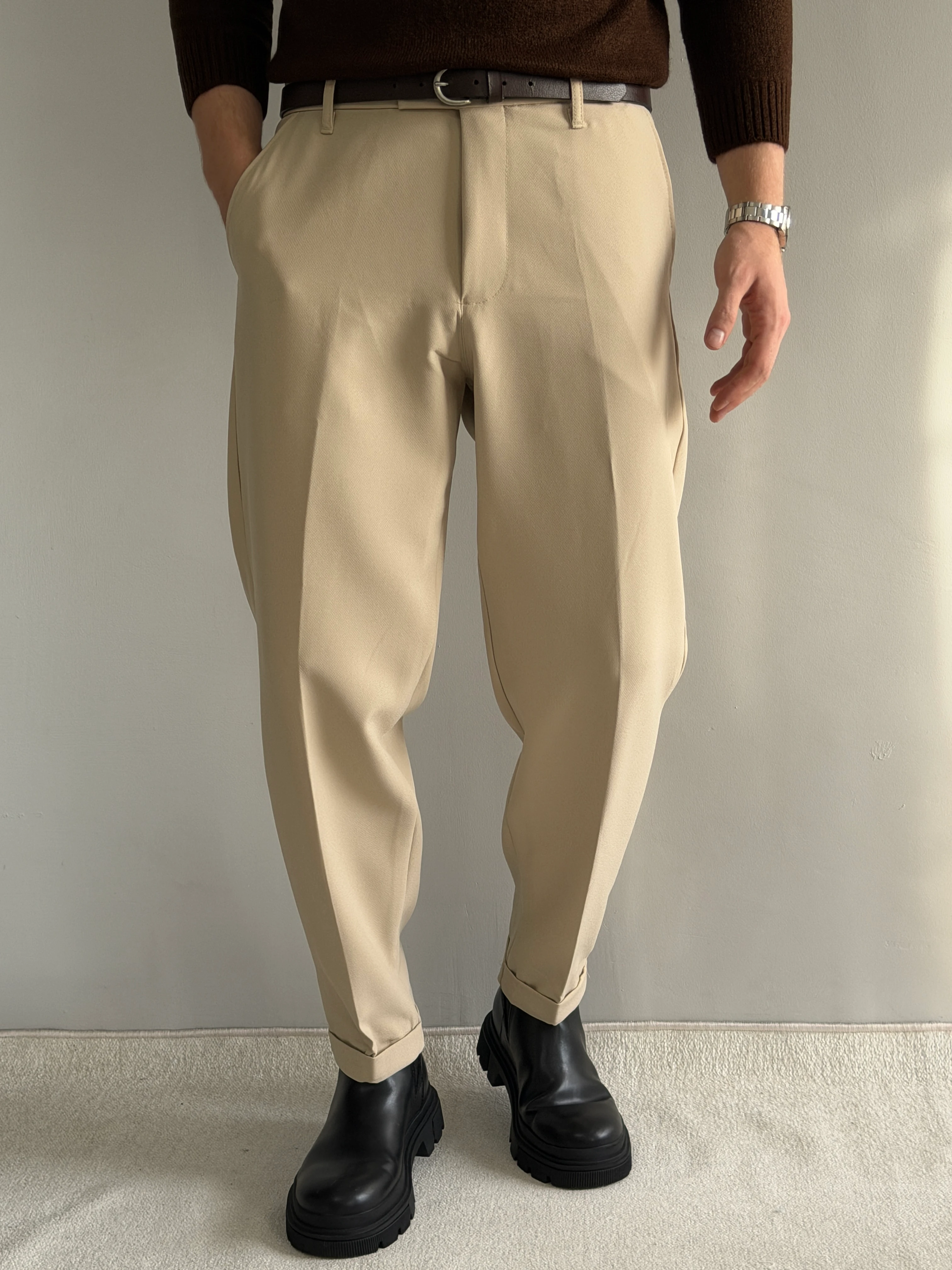 Prime Old Money Kalın Kumaş Duble Paça Rahat Kalıp Kumaş Pantolon - P174 - Krem