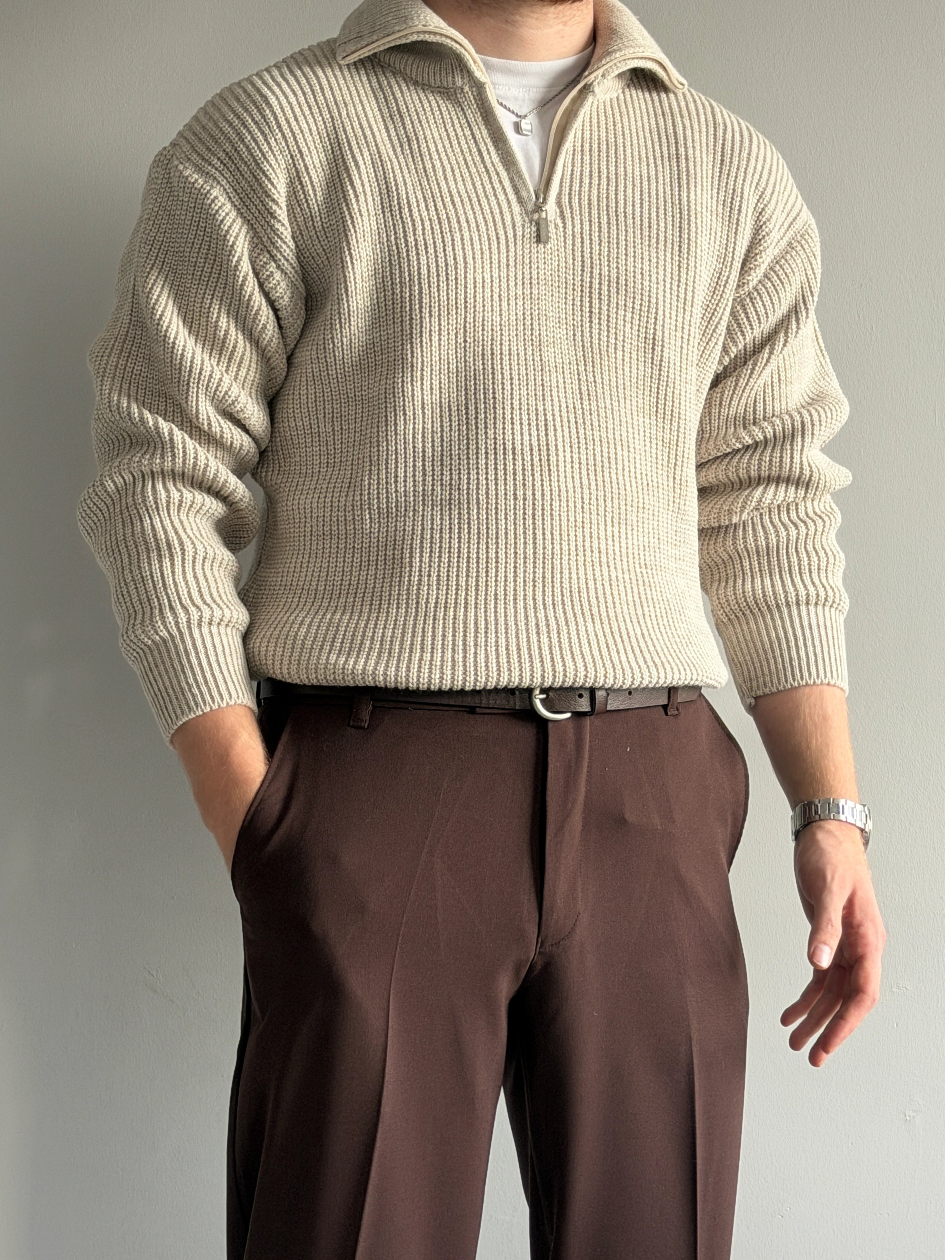 Prime Old Money Exclusive ZIP Yaka Selanik Örgü Triko Kazak - P192 - Taş