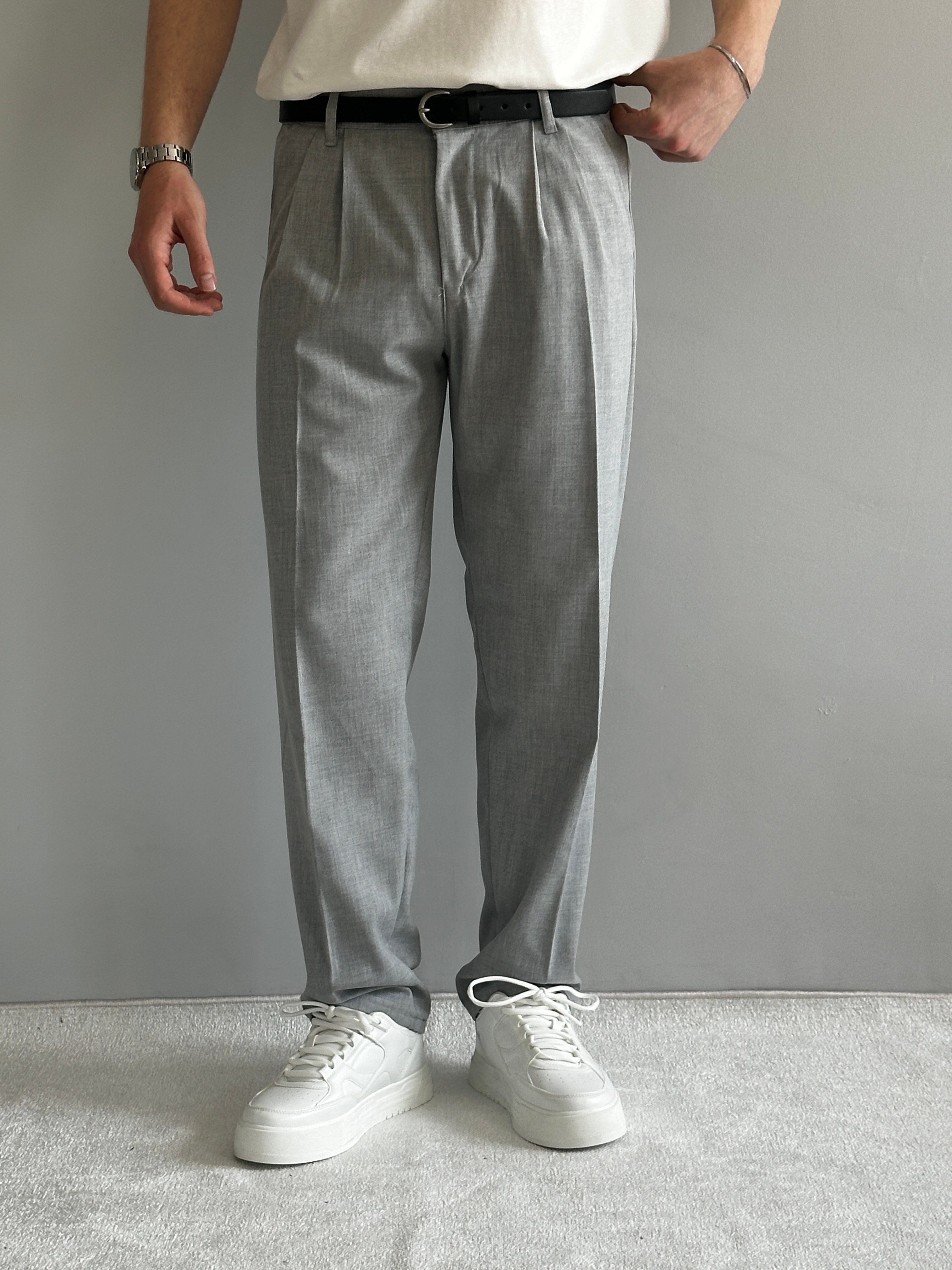 Erkek Prime Baggy Kalıp Beli Lastikli Pileli Kumaş Pantolon - Gri