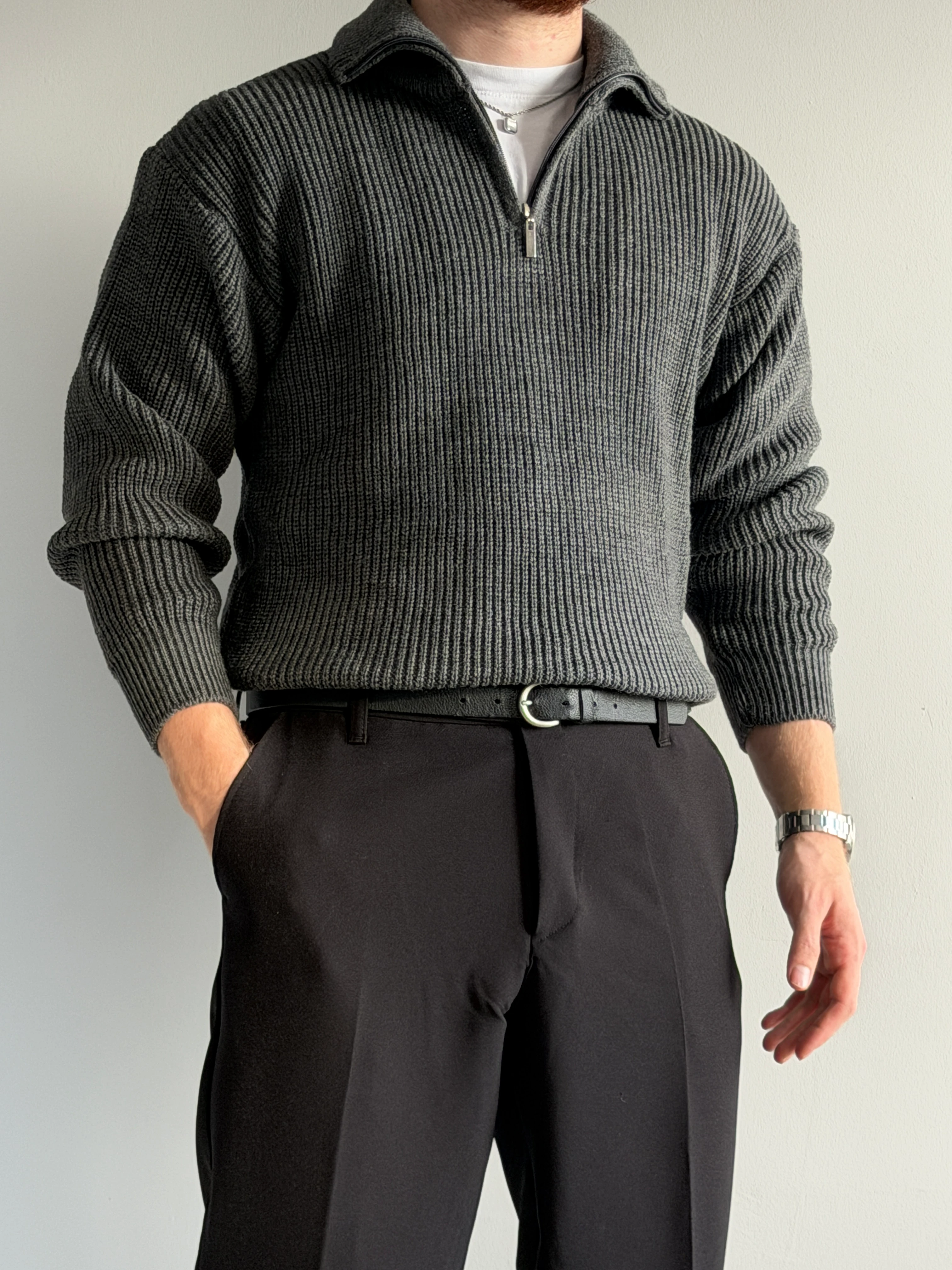 Prime Old Money Exclusive ZIP Yaka Selanik Örgü Triko Kazak - P192 - Füme