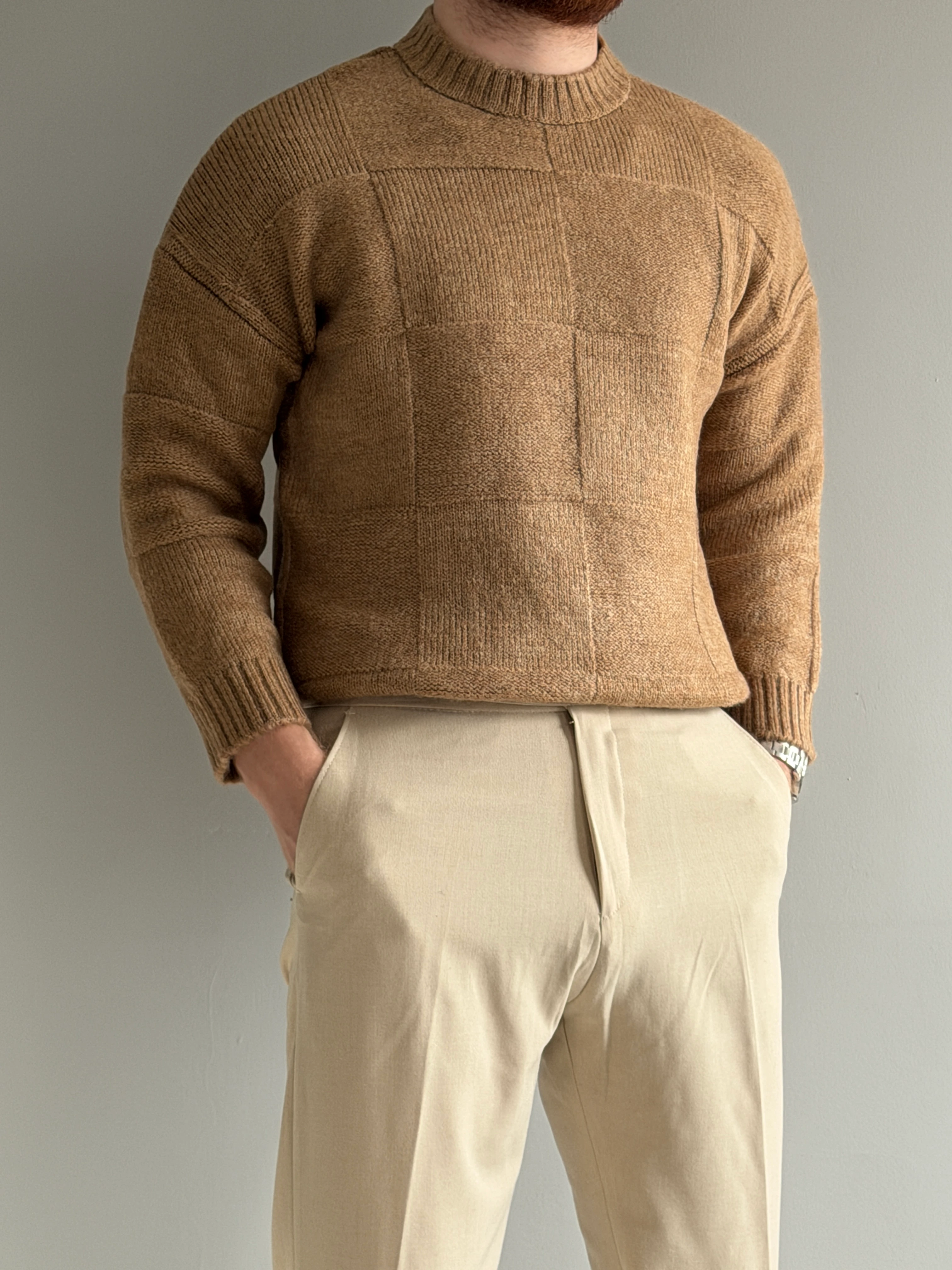 Prime Old Money Exclusive Oversize Kalıp Kare Desenli Yumuşak Dokulu Triko Kazak - P196 - Sütlü Kahve