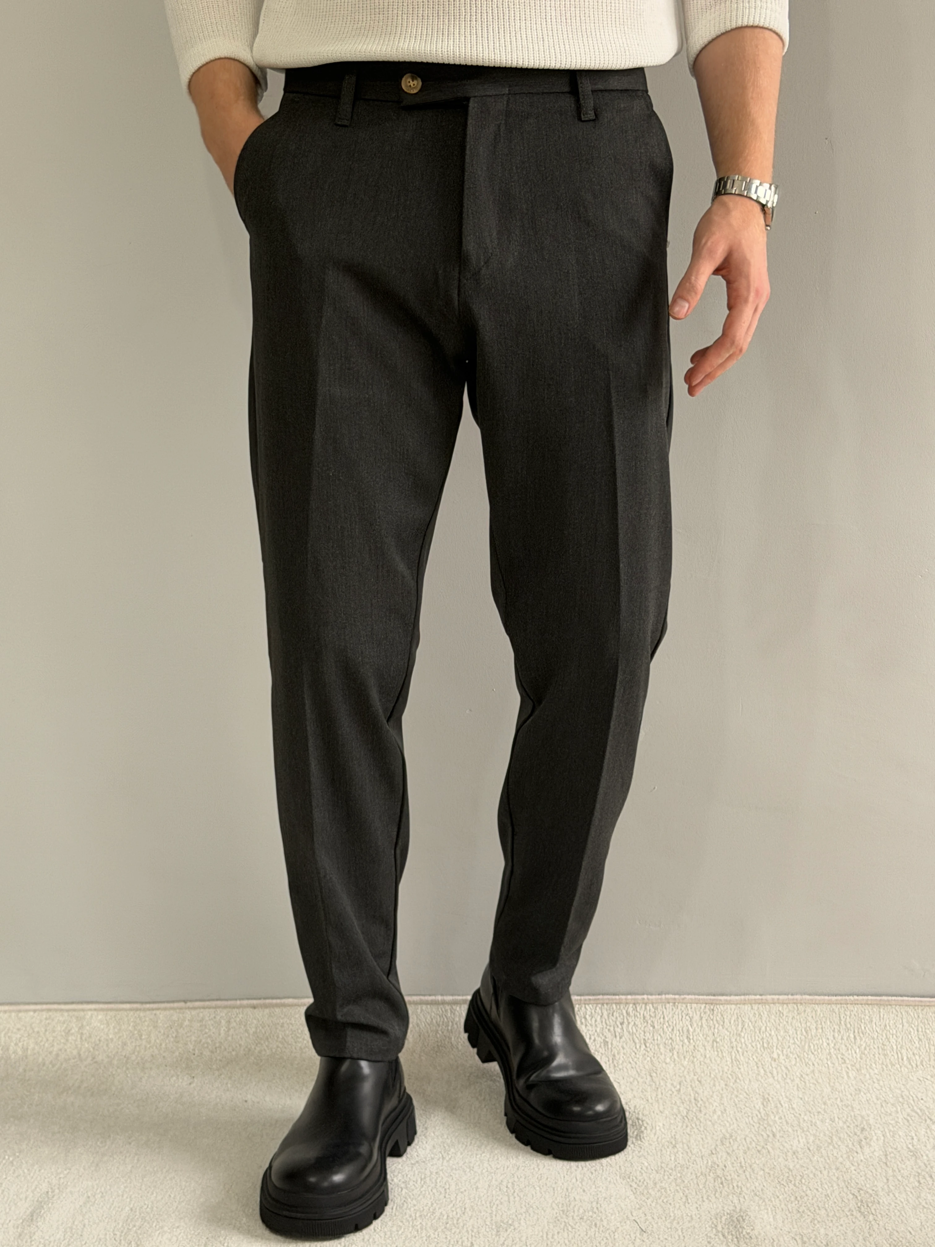 Prime Old Money Kalın Gabardin Kumaş Regular Kalıp Pantolon - P162 - Füme