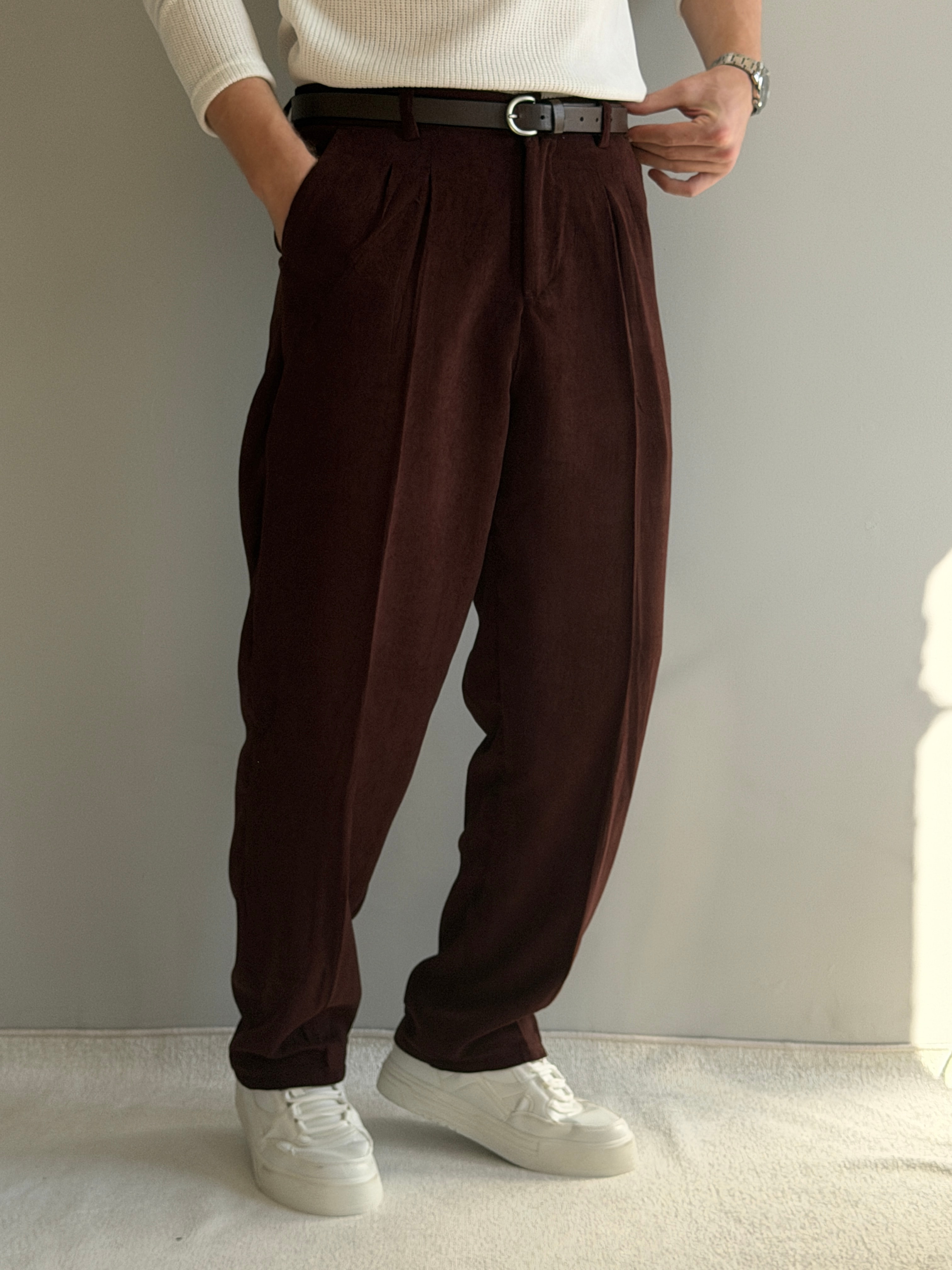 Prime Old Money Exclusive İnce Fitilli Baggy Kalıp Pantolon - P158 - Kahverengi