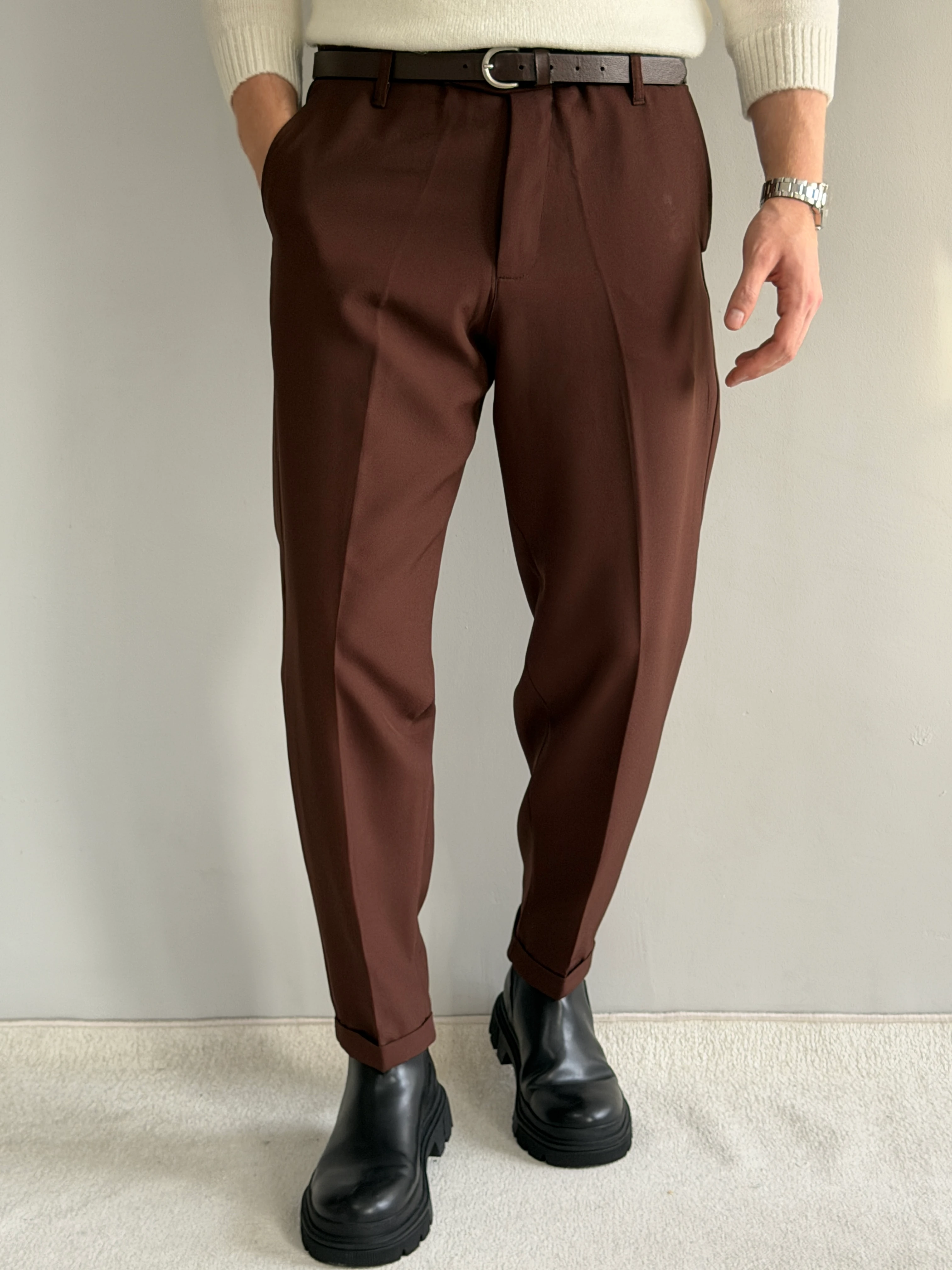 Prime Old Money Kalın Kumaş Duble Paça Rahat Kalıp Kumaş Pantolon - P174 - Kahverengi