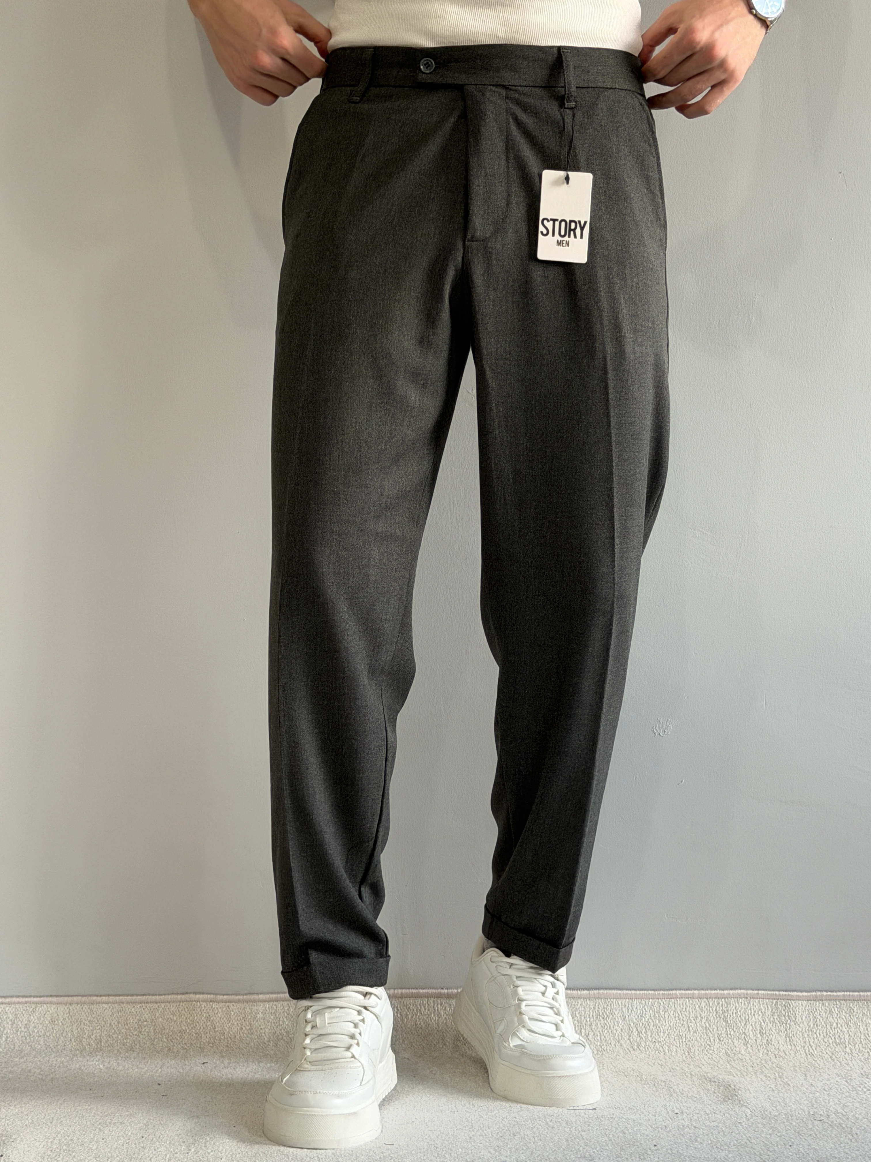 Erkek Prime Duble Paça Beli Lastikli Regular Kalıp Pantolon - P104 - Füme