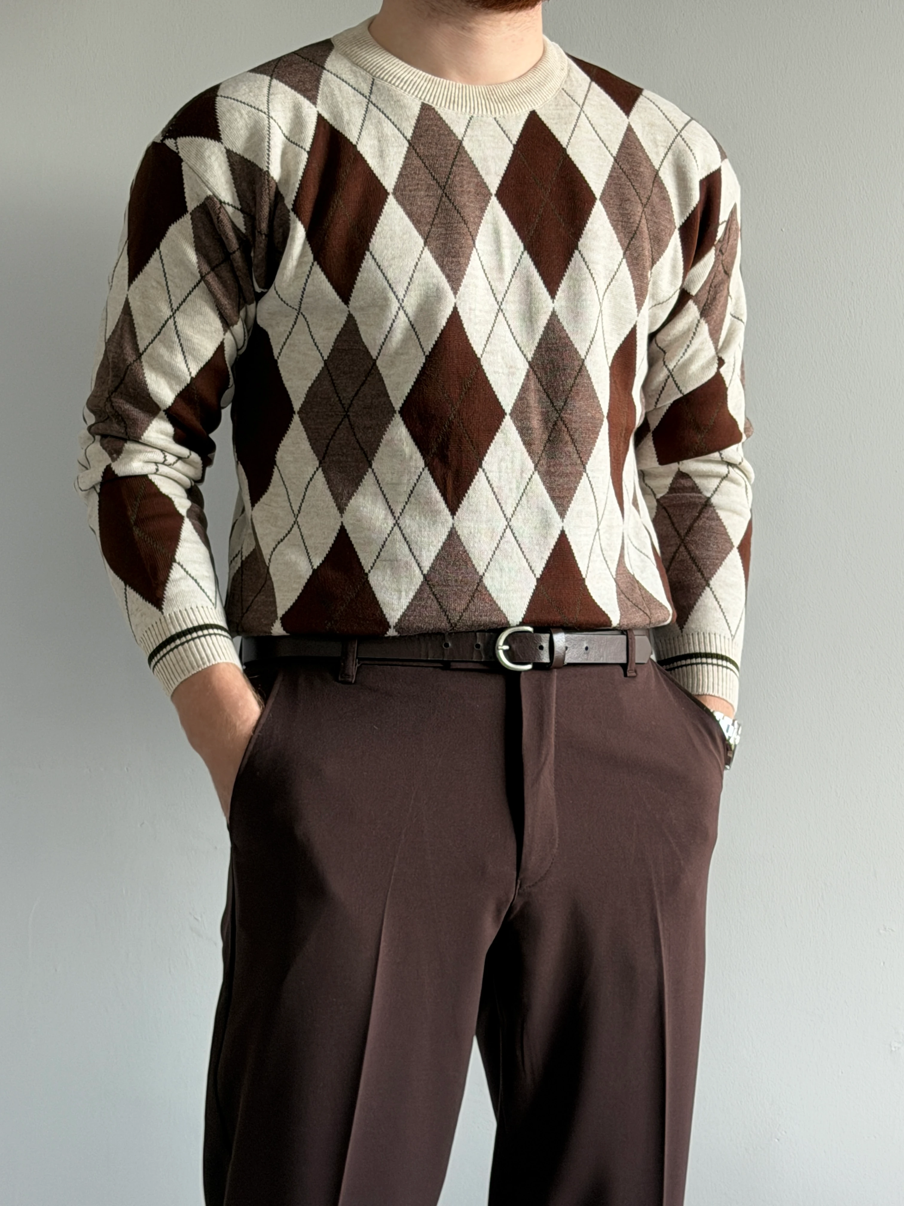 Prime Old Money Exclusive Baklava Desenli Triko Kazak - P191 - Taş