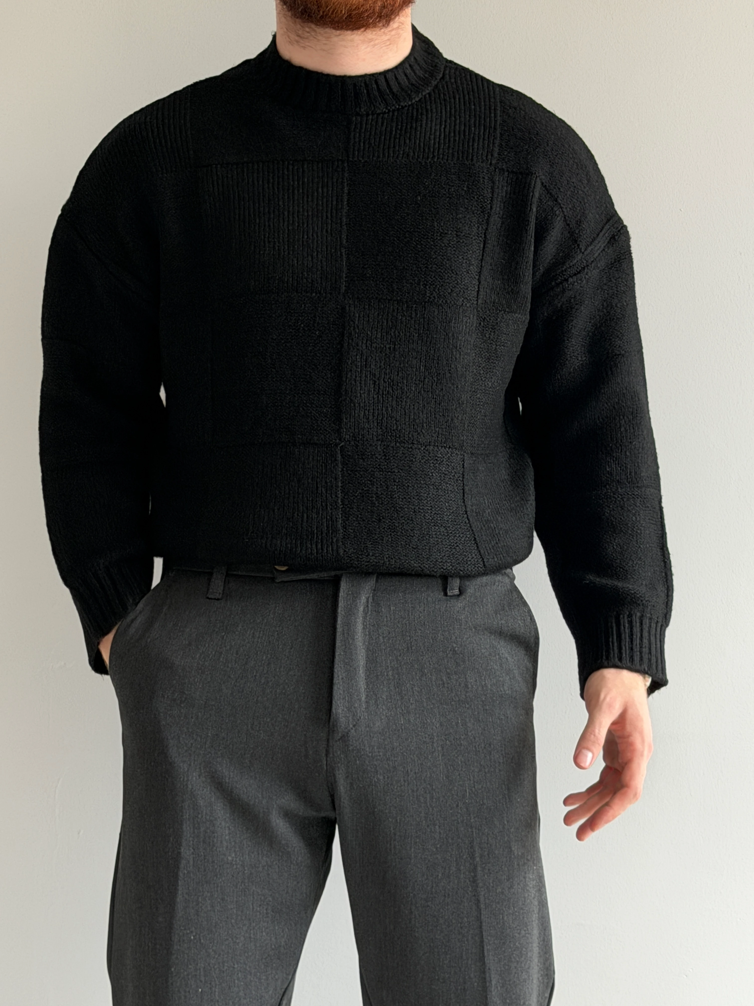 Prime Old Money Exclusive Oversize Kalıp Kare Desenli Yumuşak Dokulu Triko Kazak - P196