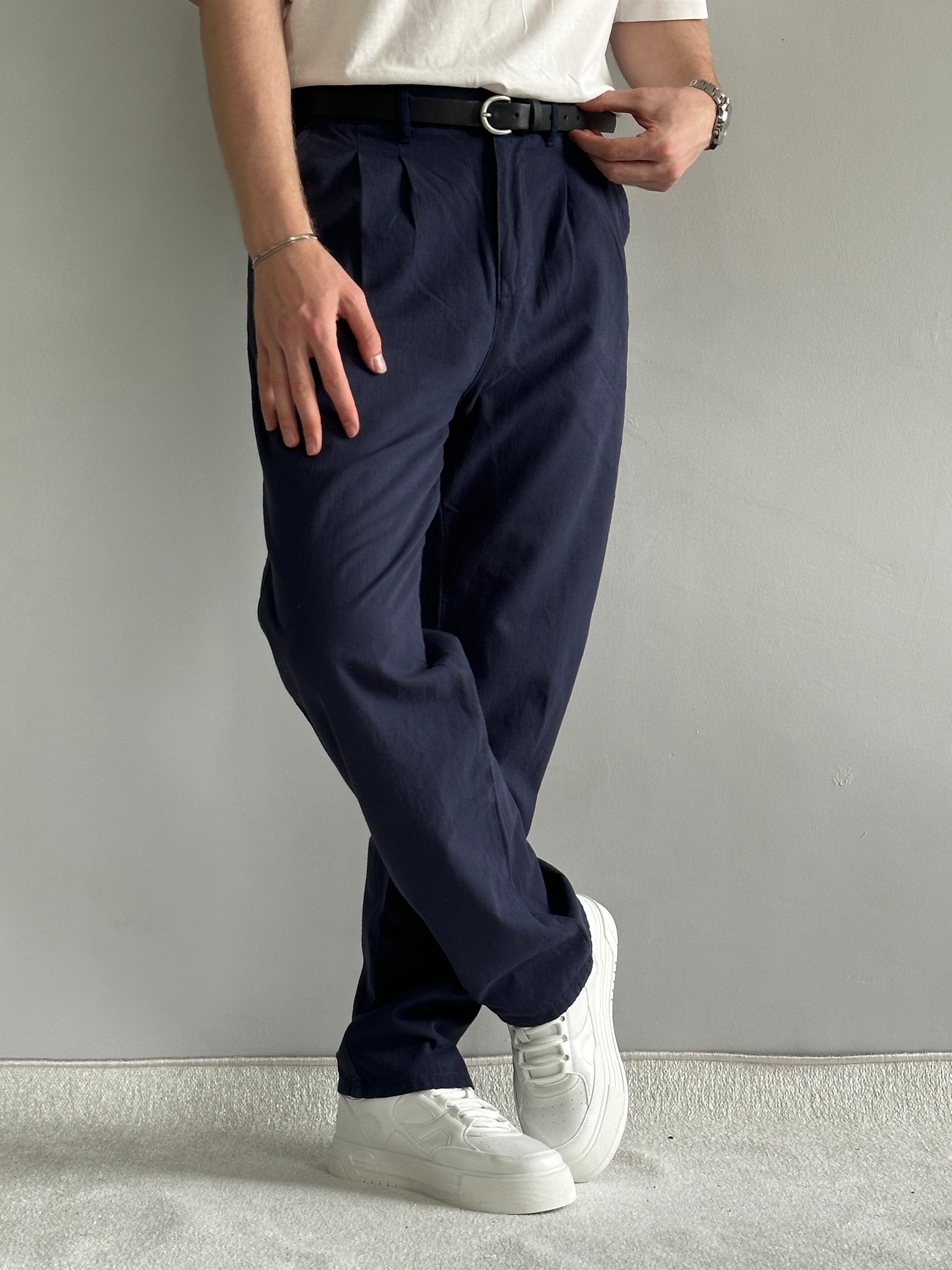 Prime Old Money Keten Kumaş Yüksek Kalite Baggy Kalıp  Pantolon - Lacivert