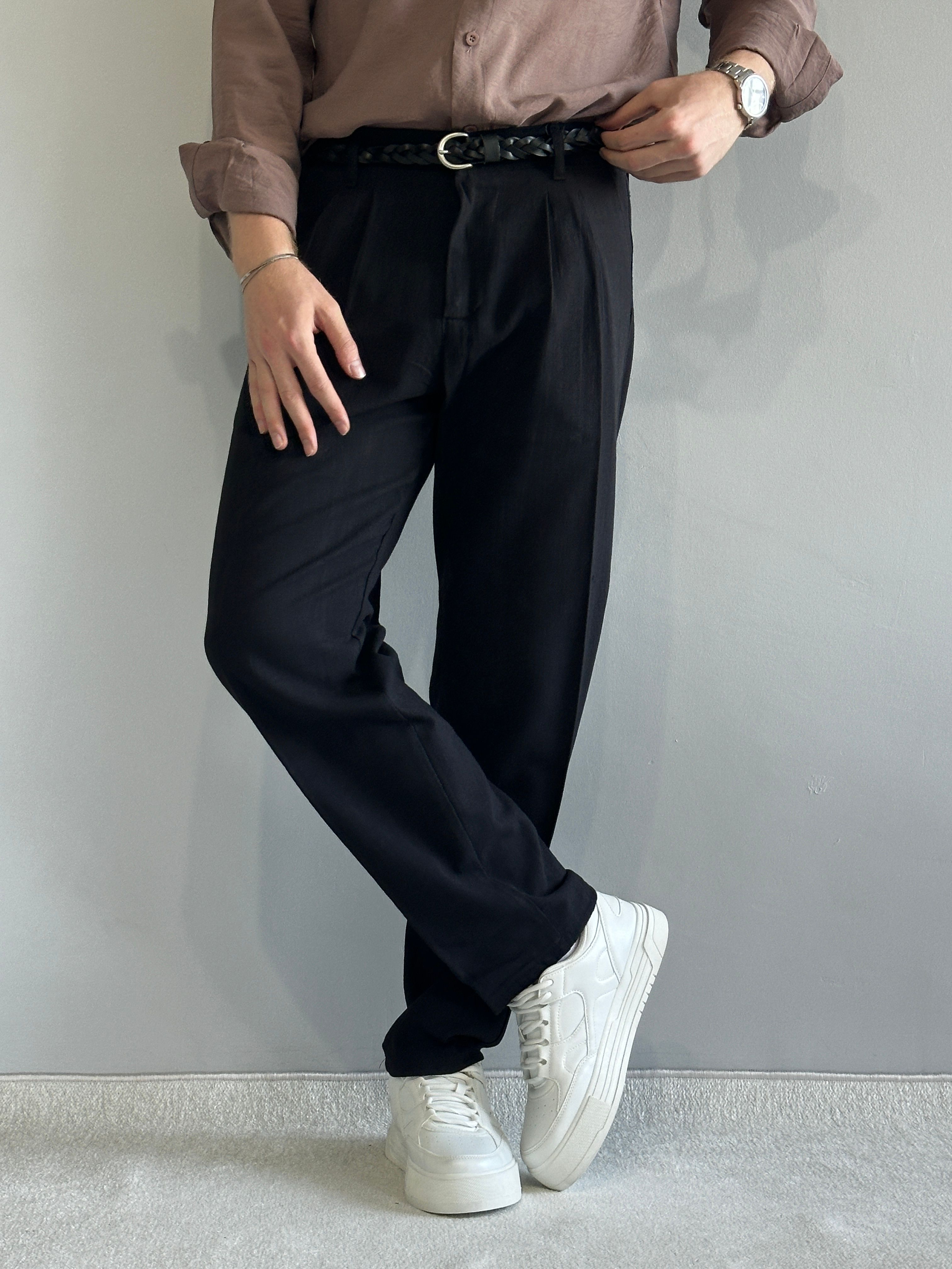 Prime Old Money Ham Keten Premium Baggy Kalıp Pantolon - Siyah