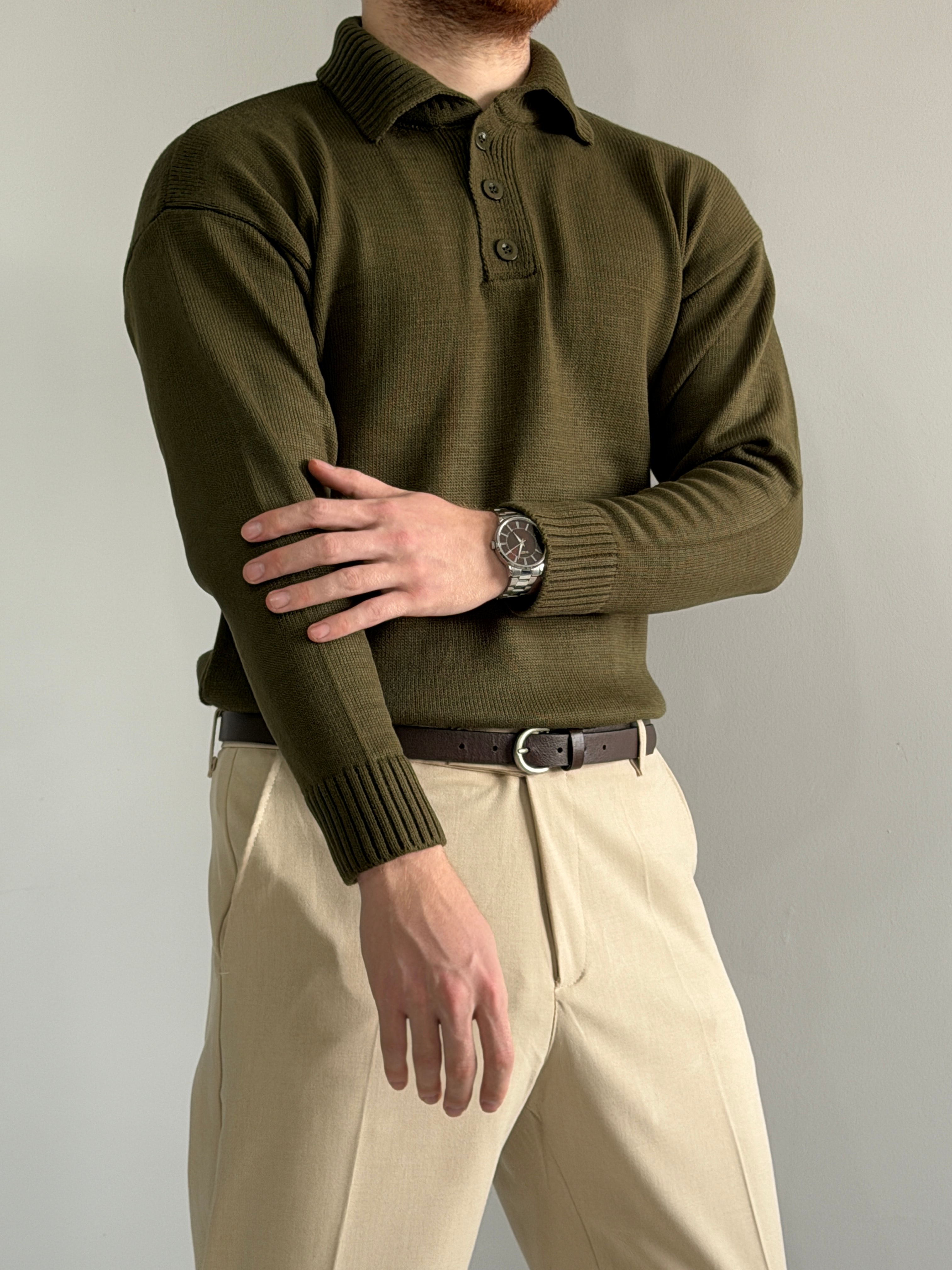 Prime Old Money Exclusive Polo Yaka Basic Triko Kazak - P157 - Haki