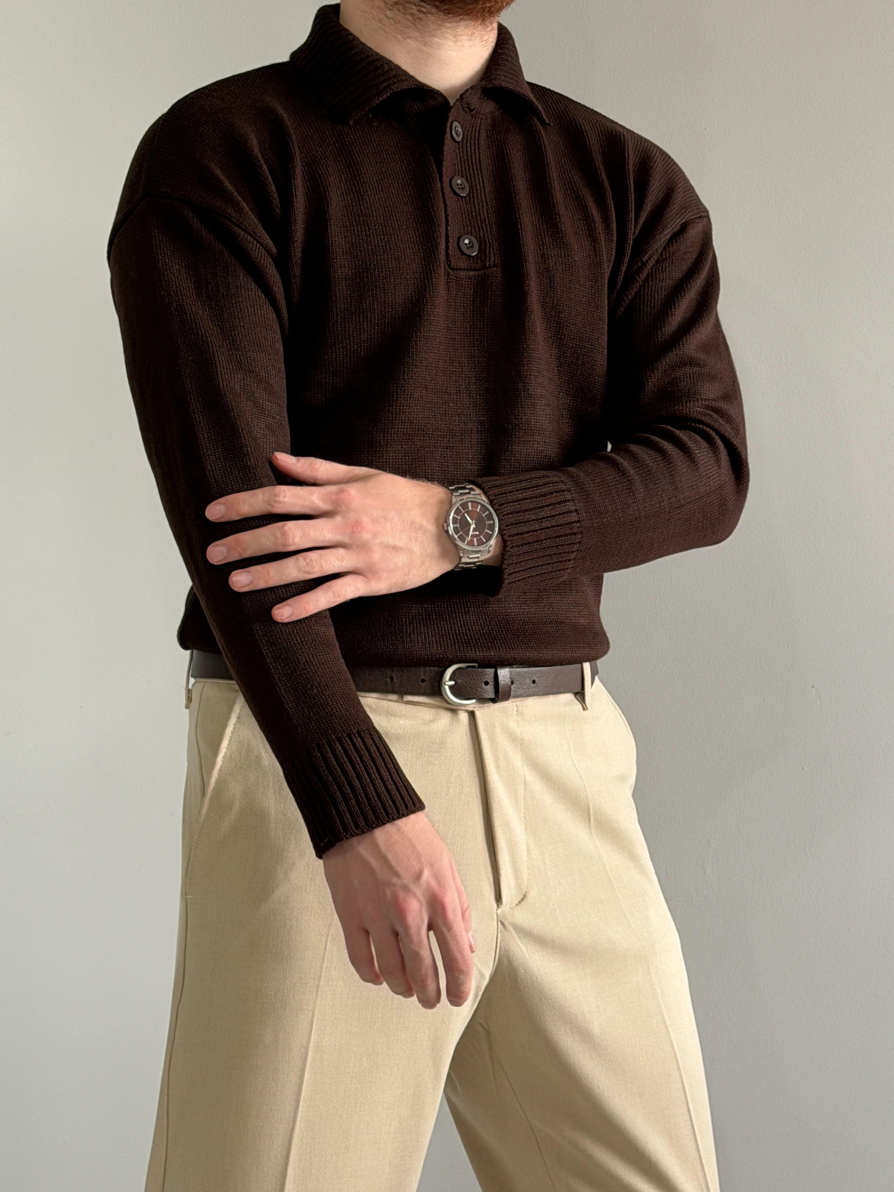 Prime Old Money Exclusive Polo Yaka Basic Triko Kazak - P157 - Acı Kahve