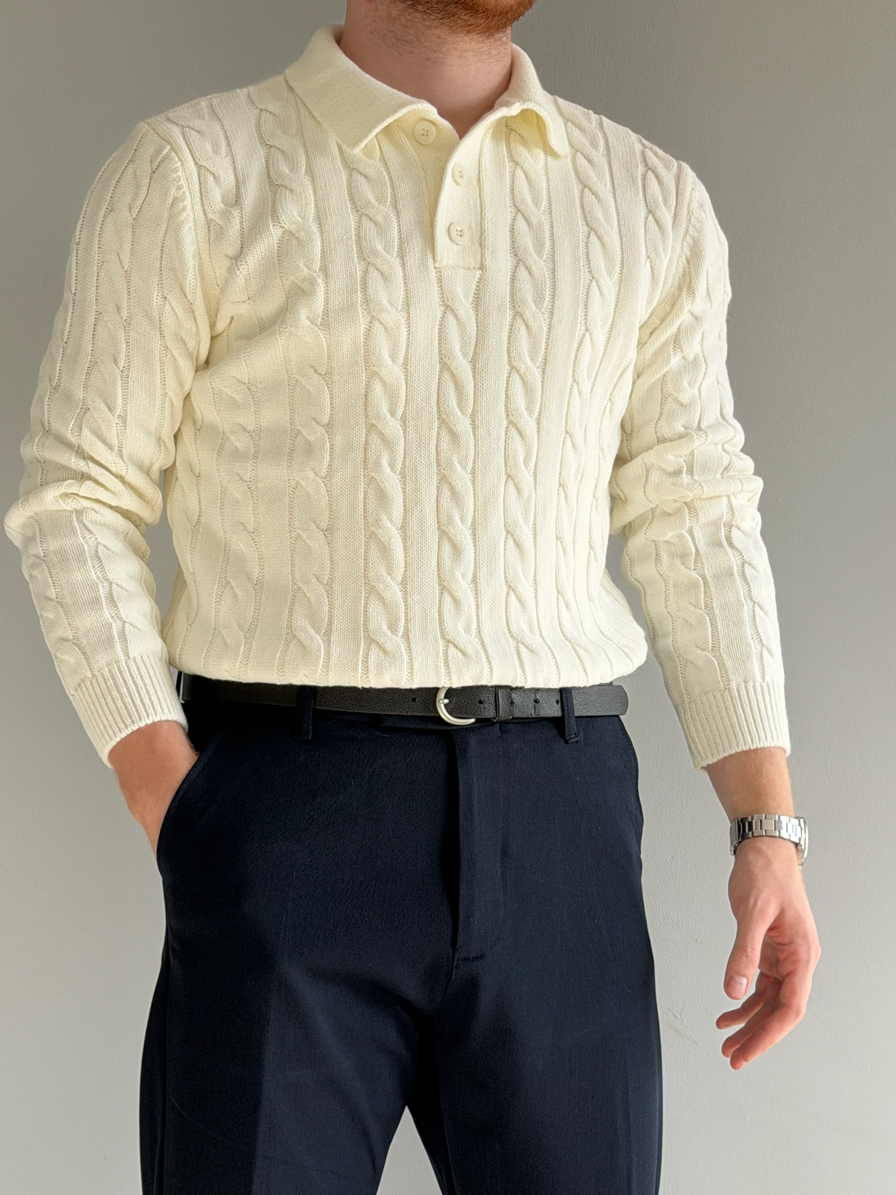 Prime Old Money Exlusive Saç Örgü Detaylı Triko Kazak - P172 - Ekru