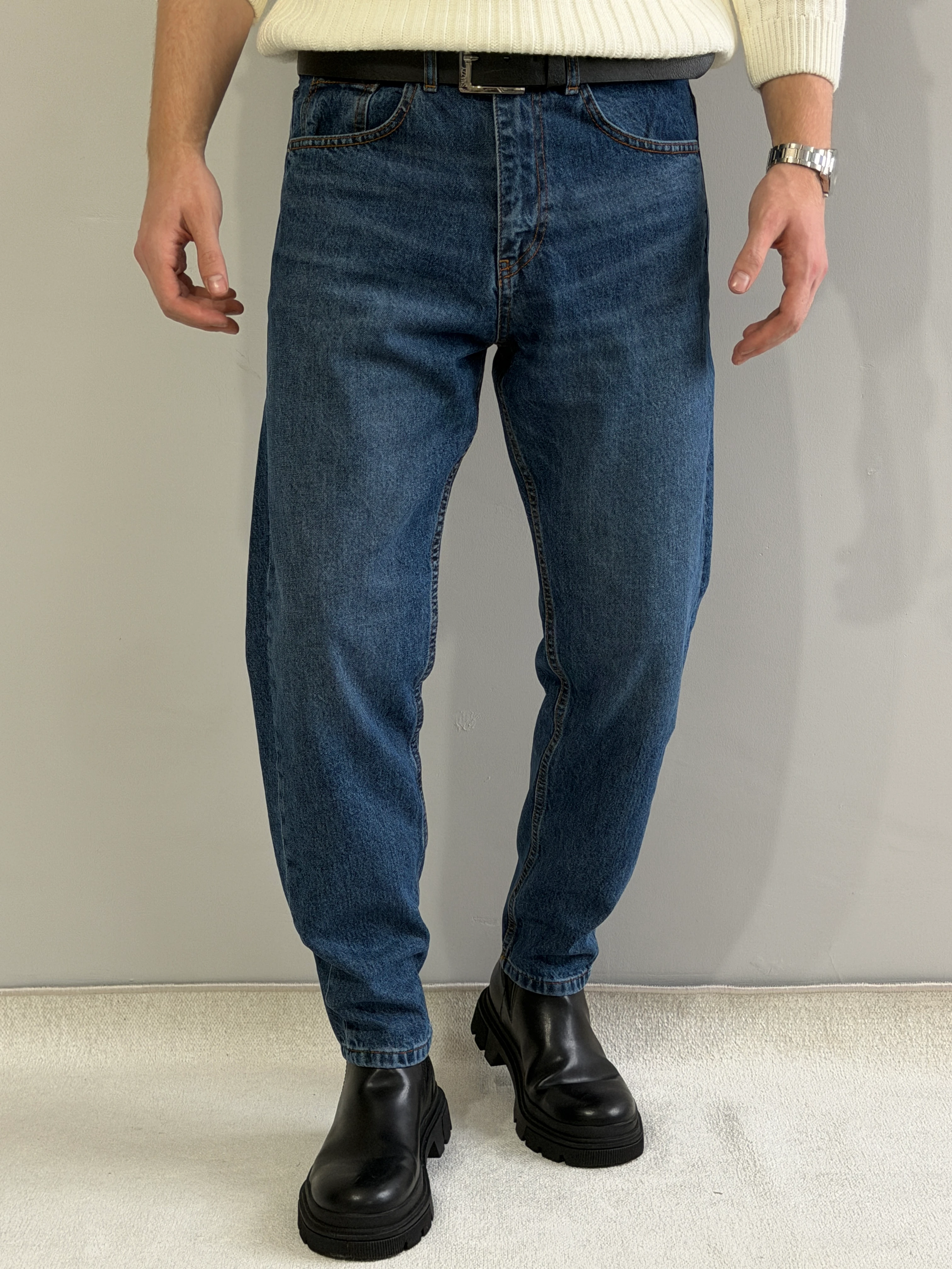 Kemer Hediyeli Exclusive Boyfriend Kalıp Kot Pantolon - P194 - Koyu Mavi