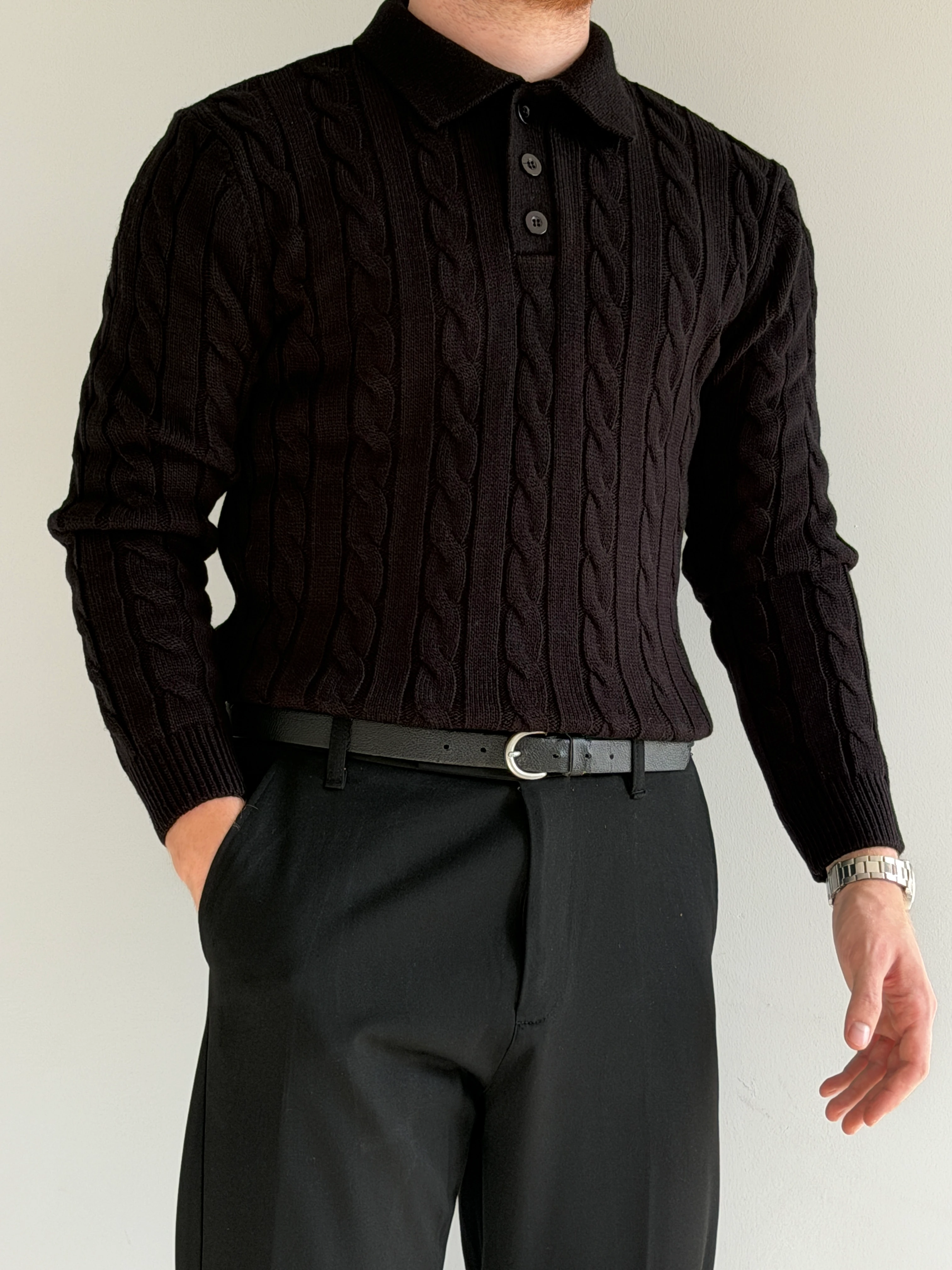 Prime Old Money Exlusive Saç Örgü Detaylı Triko Kazak - P172 - Siyah