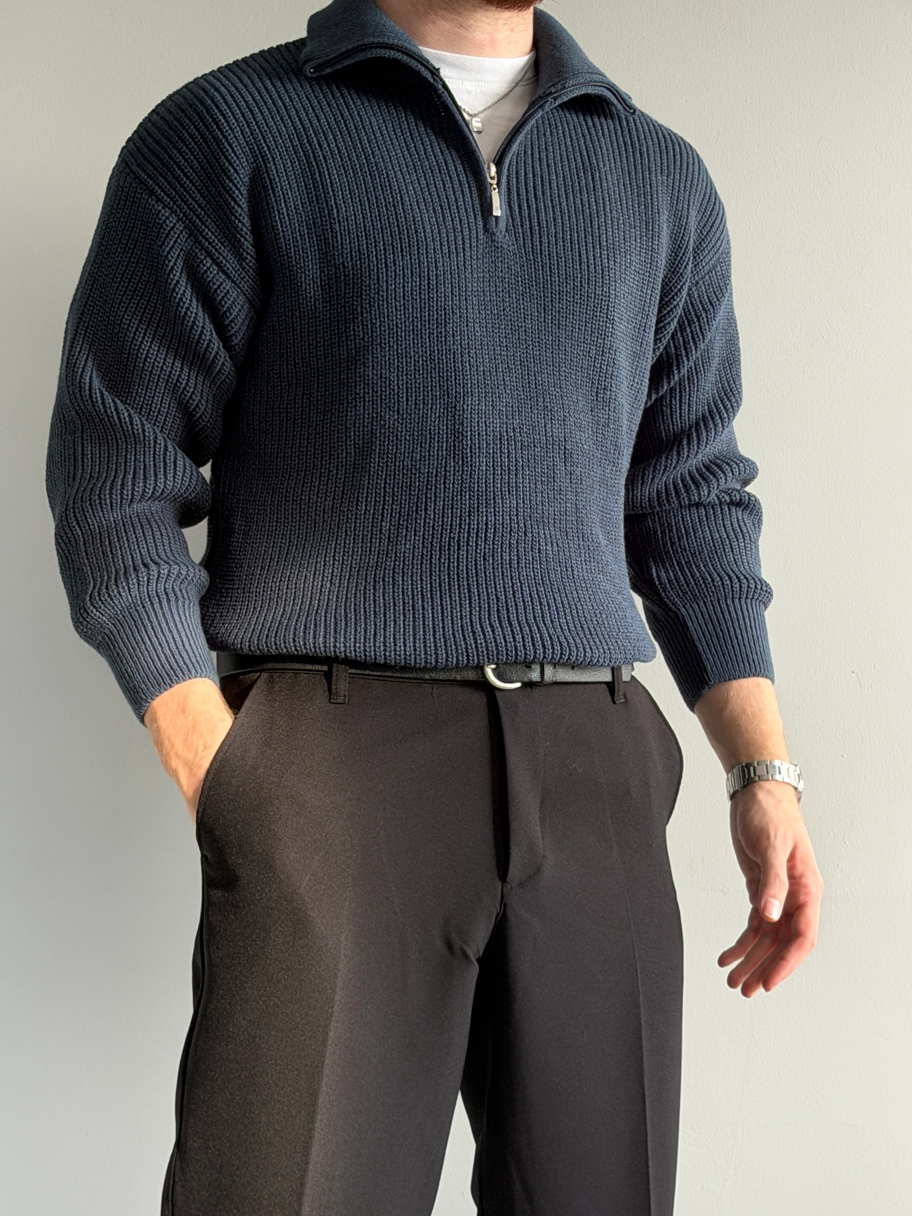 Prime Old Money Exclusive ZIP Yaka Selanik Örgü Triko Kazak - P192 - İndigo Mavi