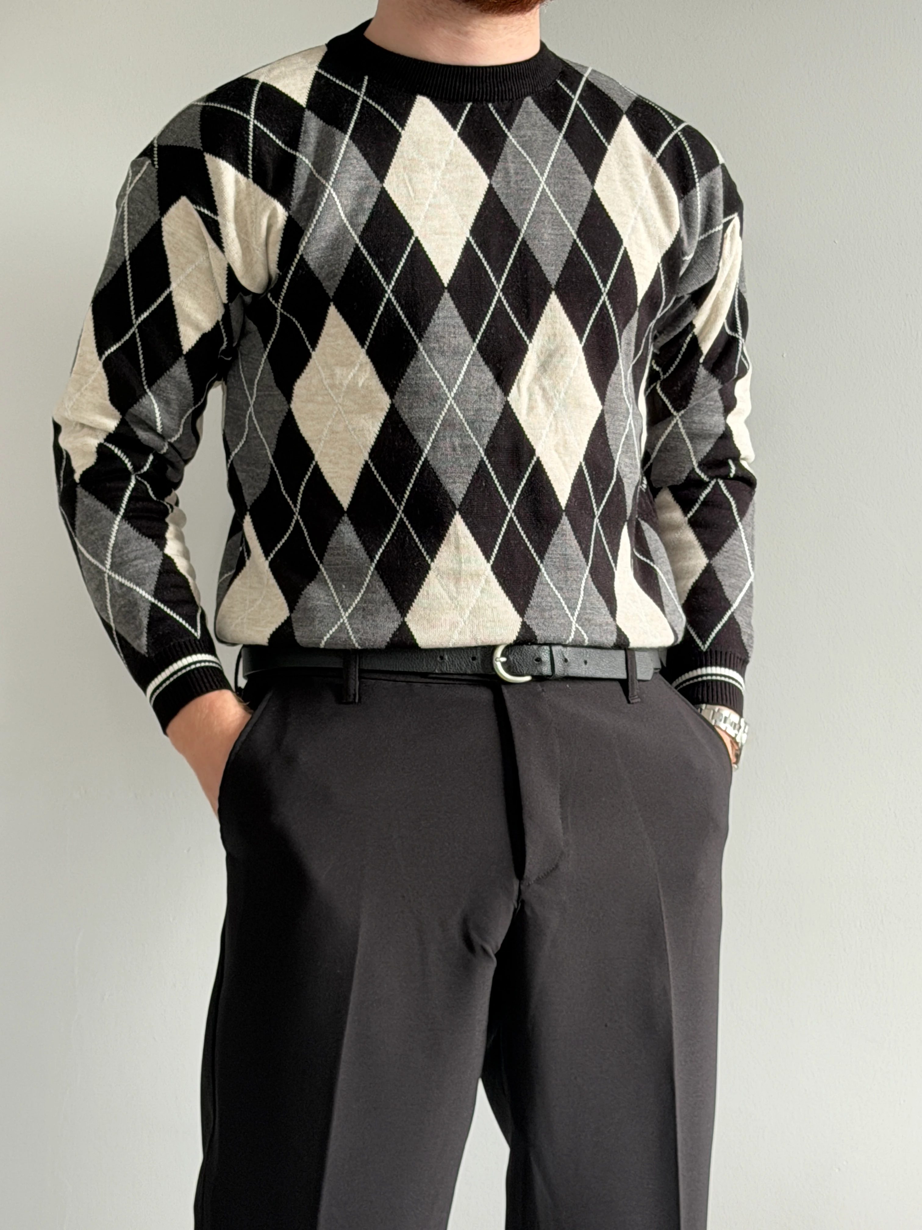 Prime Old Money Exclusive Baklava Desenli Triko Kazak - P191 - Siyah