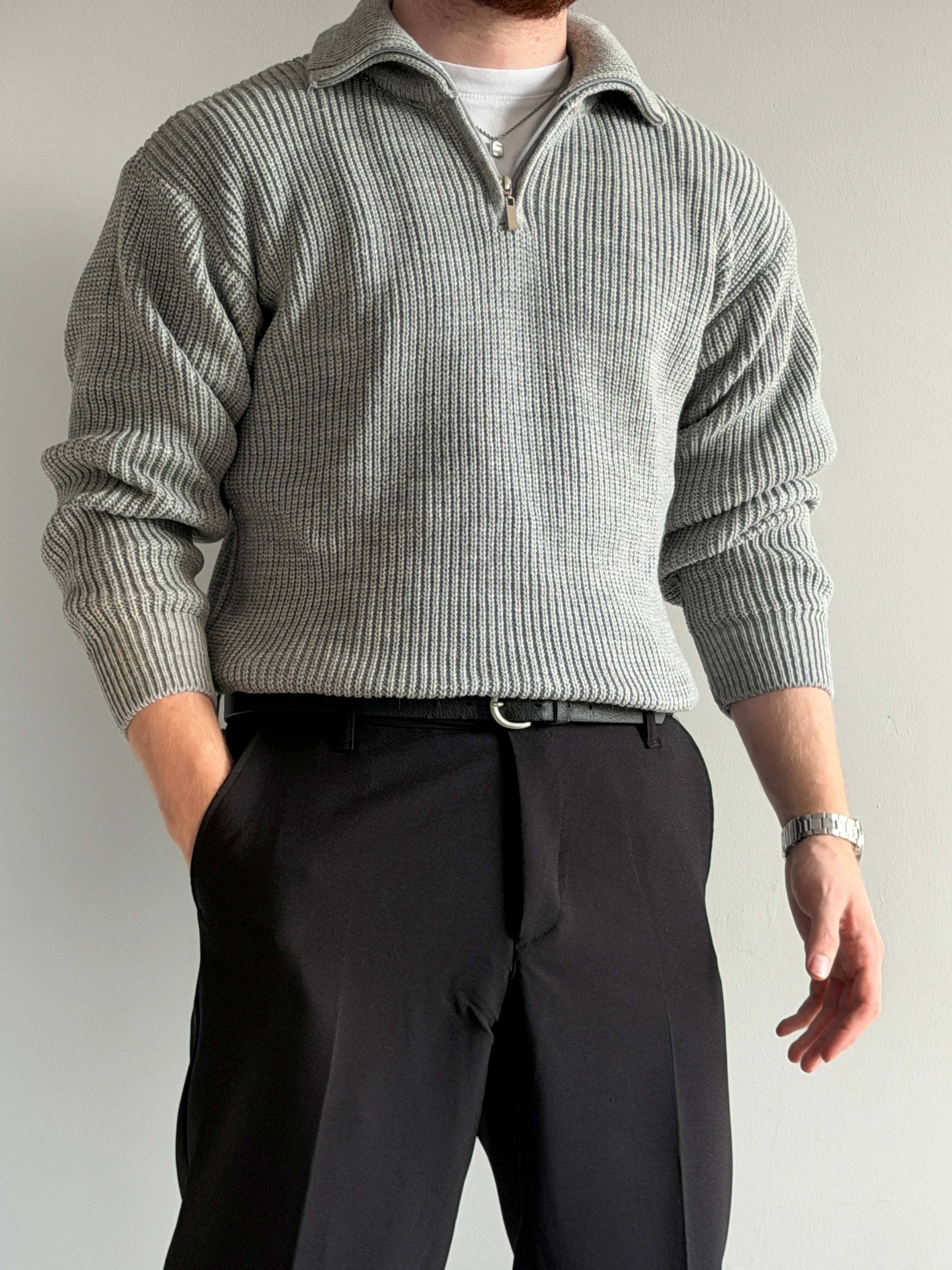 Prime Old Money Exclusive ZIP Yaka Selanik Örgü Triko Kazak - P192 - Gri