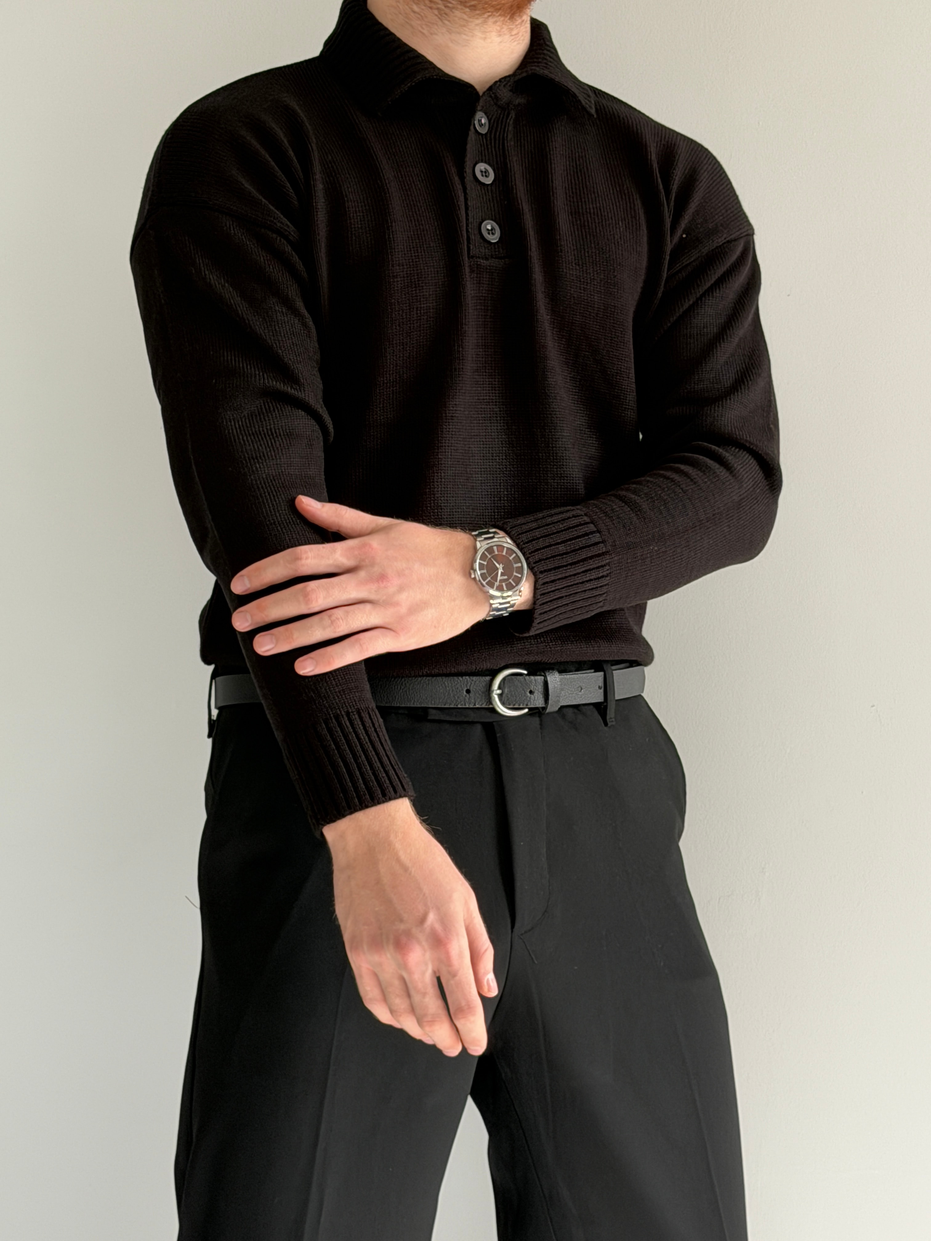Prime Old Money Exclusive Polo Yaka Basic Triko Kazak - P157 - Siyah