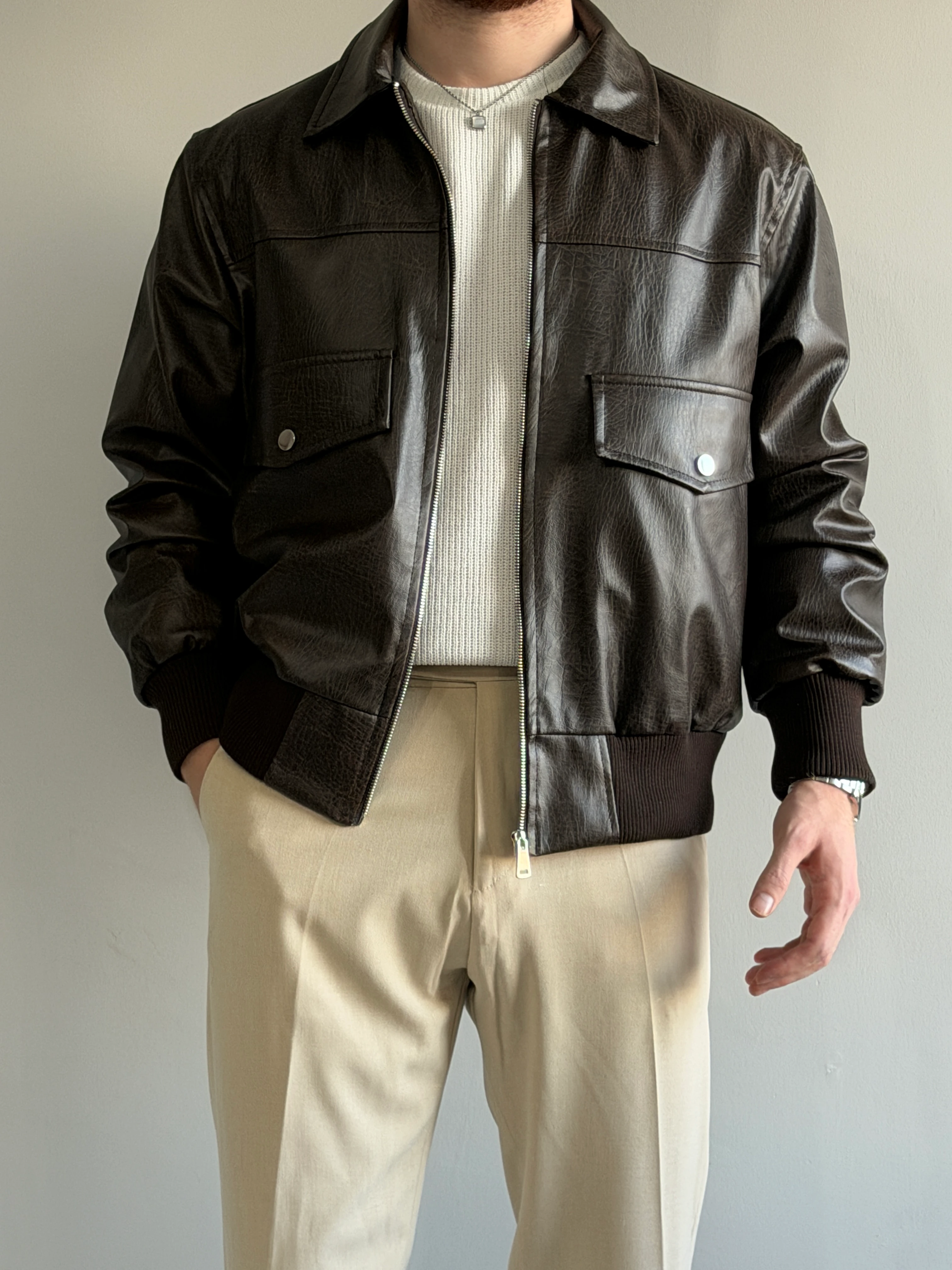 Prime Old Money Exclusive Vintage Cep Detaylı Deri Ceket - P193 - Vintage Kahverengi