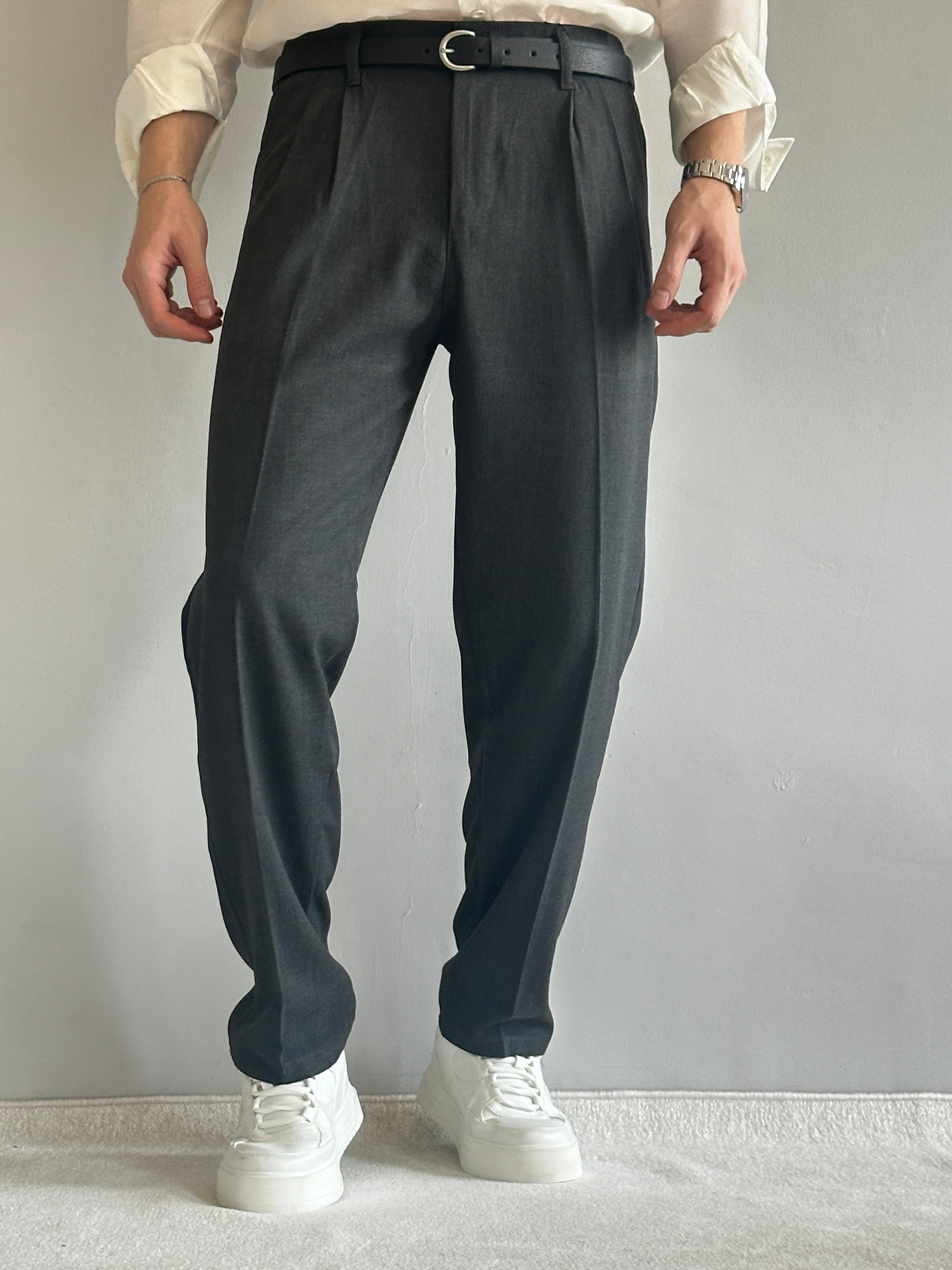Erkek Prime Baggy Kalıp Beli Lastikli Pileli Kumaş Pantolon - Füme